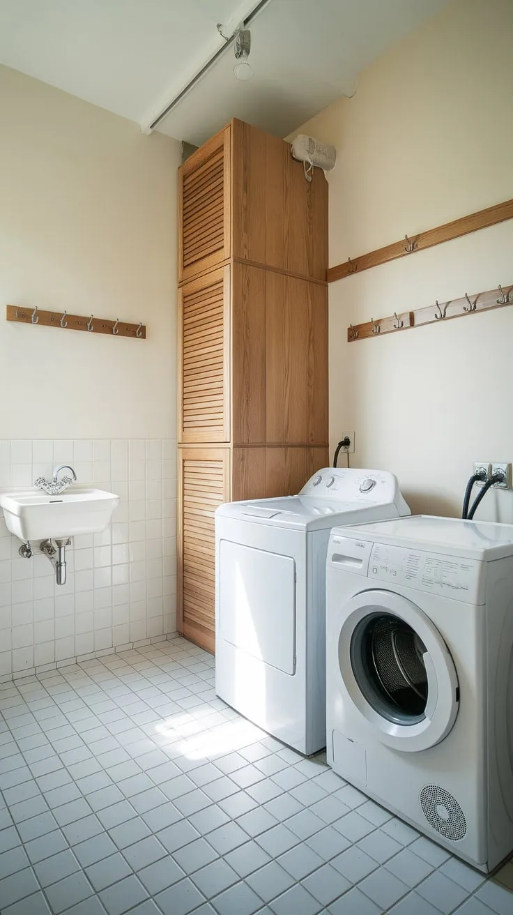 Sunlight streams into this efficient bathroom laundry combo, showcasing a laundry makeover that maximizes space. The white laundry appliances gleam against the tiled floor, while a wooden cabinet provides ample room storage DIY solutions. This laundry room inspiration demonstrates how a thoughtful laundry renovation can create a bright and functional space, even with limited square footage. Plenty of hooks keep things organized, and the small sink is perfect for pre-treating stains before tossing in the laundry powder.