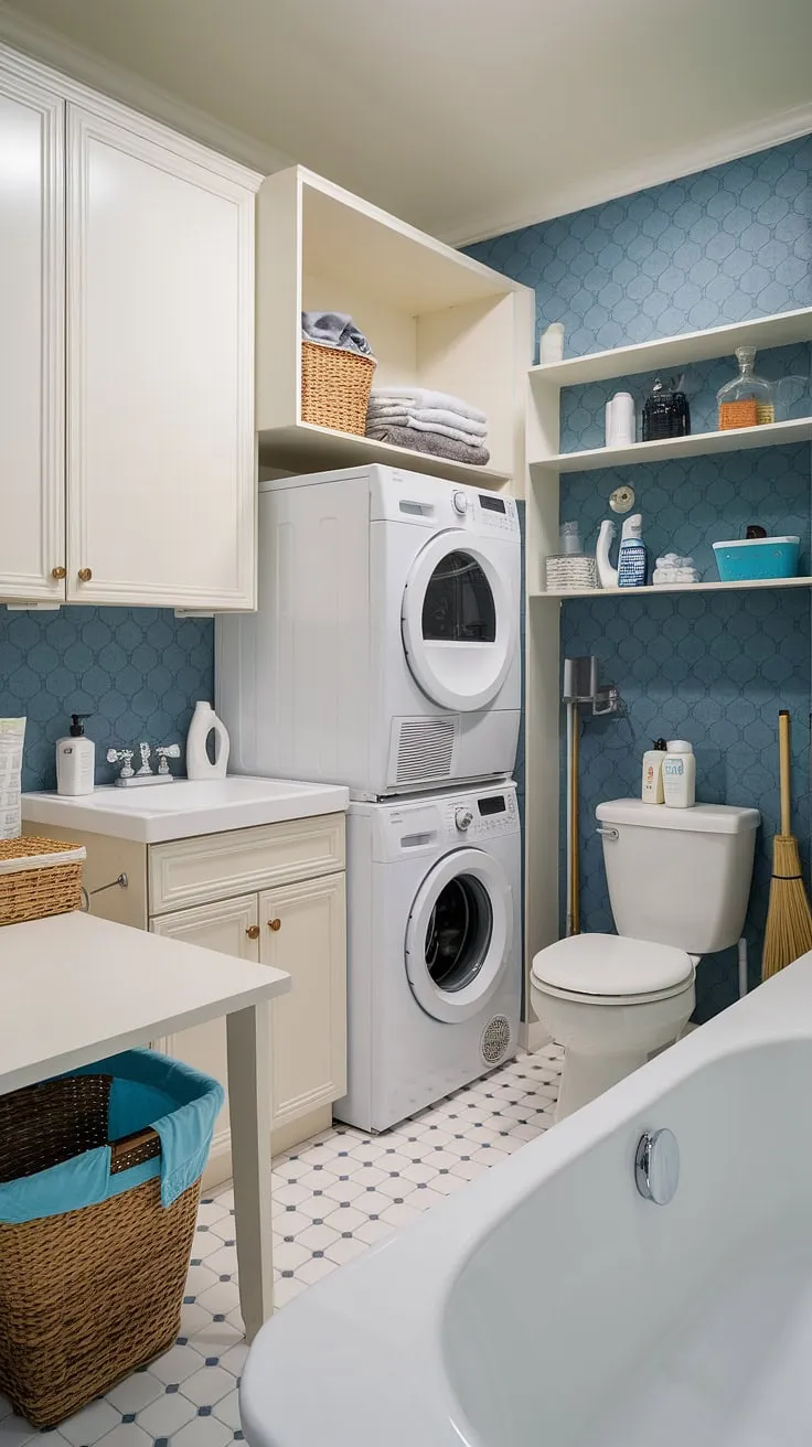 This stunning bathroom laundry combo showcases a successful laundry renovation, transforming a small space into a functional and stylish laundry room inspiration. The white laundry appliances and cabinetry, paired with the blue patterned walls, create a bright and airy feel. Clever room storage DIY solutions maximize space, while the inclusion of a laundry basket, laundry powder, and cleaning supplies keeps everything organized. This laundry makeover is a testament to efficient design.