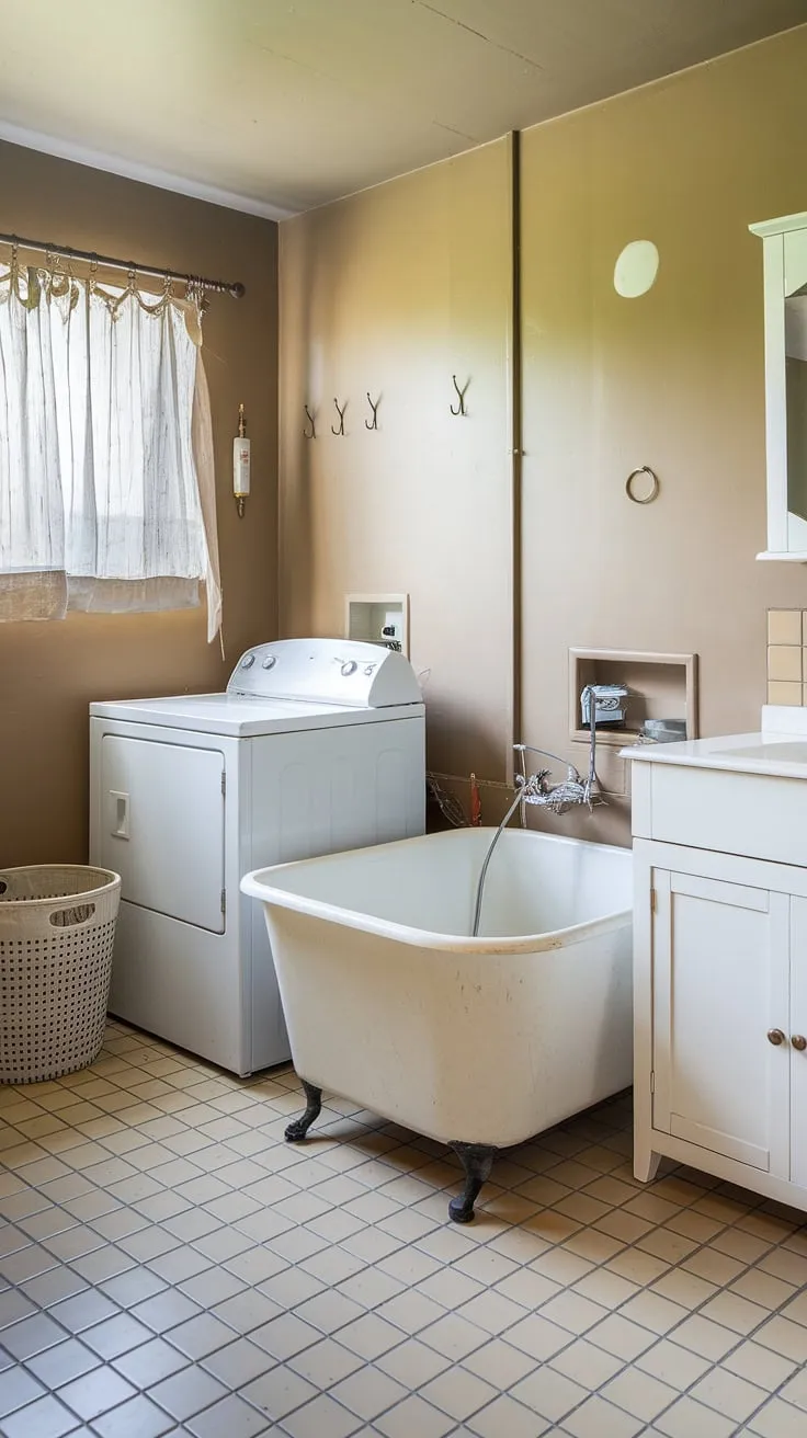 Laundry room inspiration at its finest! This laundry bathroom combo boasts a white laundry aesthetic, perfect for a laundry makeover. Practical and pretty, with plenty of room storage DIY solutions.