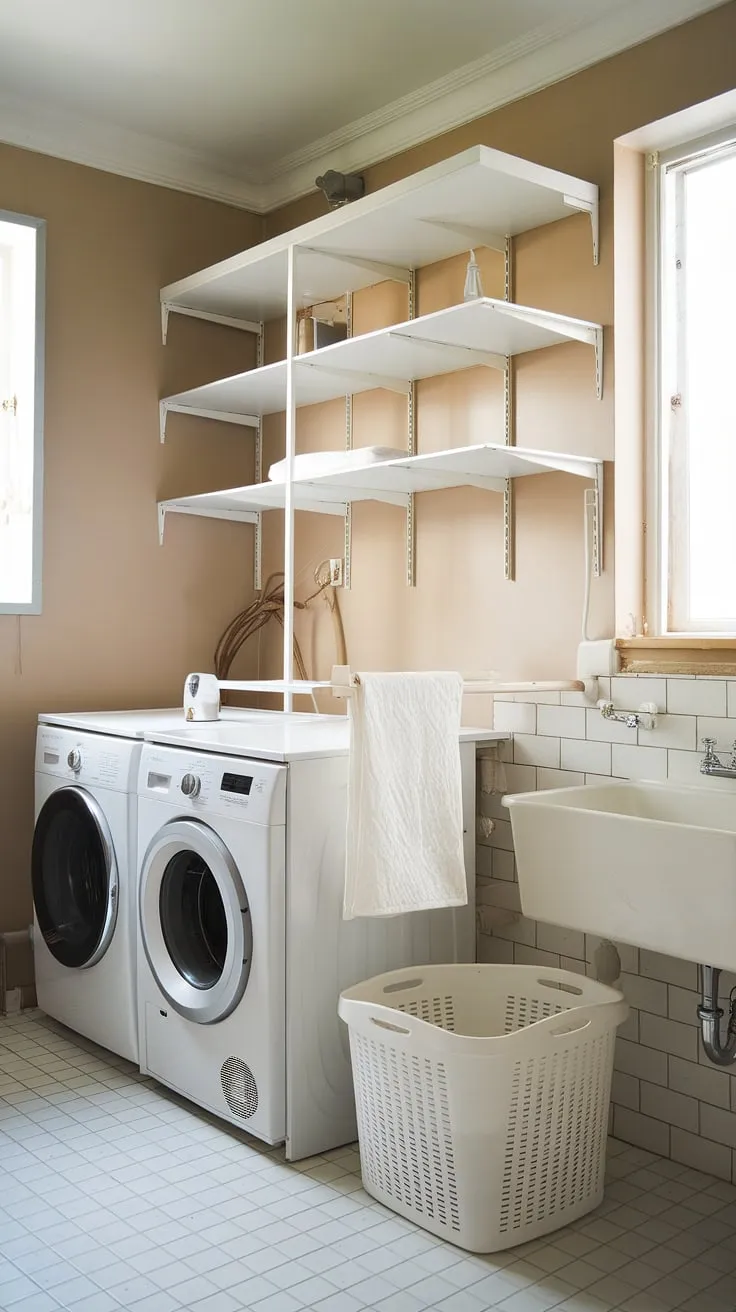 This stunning laundry bathroom combo is the epitome of laundry room inspiration. The white laundry appliances, custom cabinetry offering clever room storage DIY solutions, and crisp white sink create a spa-like atmosphere. This laundry renovation and makeover is a testament to efficient design, maximizing space and style. A perfect place to store laundry powder and keep everything organized.
