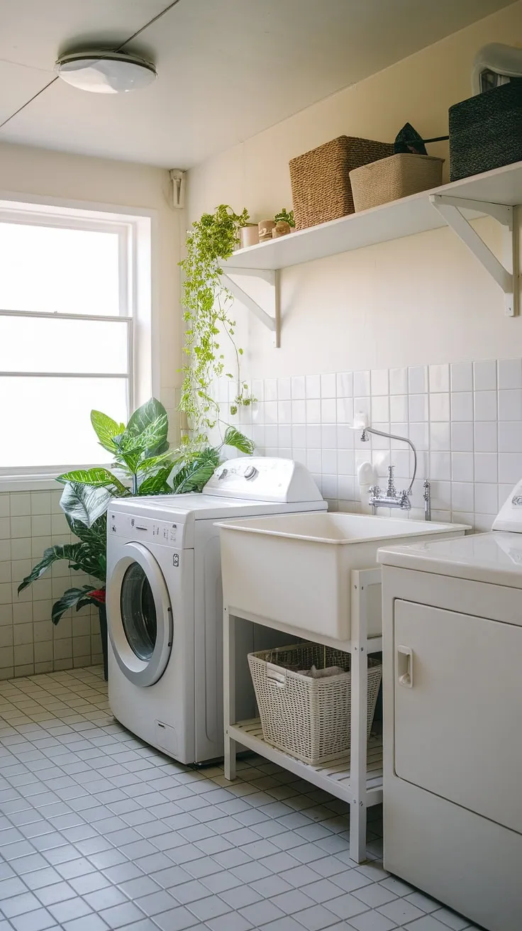 Sunlight streams into this serene laundry bathroom combo, showcasing a fresh laundry makeover. The white laundry appliances, sink, and cabinetry create a bright and airy feel, complemented by clever room storage DIY solutions and a touch of greenery. This laundry room inspiration is all about efficient design and maximizing space, perfect for keeping your laundry powder and supplies organized.