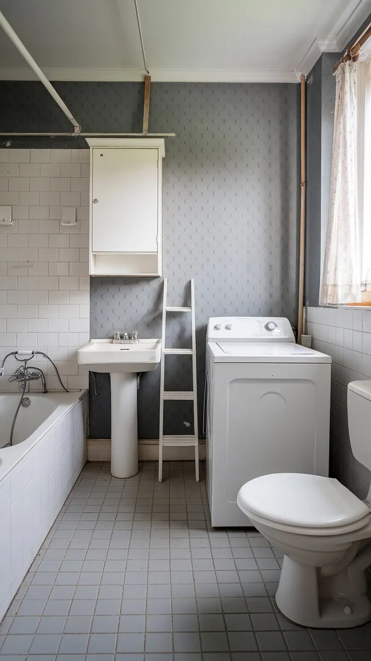 This laundry bathroom combo is the epitome of clean and efficient design. The white laundry appliances, paired with the crisp white fixtures and grey patterned walls, create a spa-like atmosphere. Clever room storage DIY solutions, like the overhead cabinet above the tub, maximize space. The grey and white tiled floor adds a touch of modern elegance, while the window with its curtain lets in natural light. This laundry renovation is a masterclass in functionality and style, proving that even a small space can be transformed into a haven of calm. Plenty of room for laundry powder storage too!
