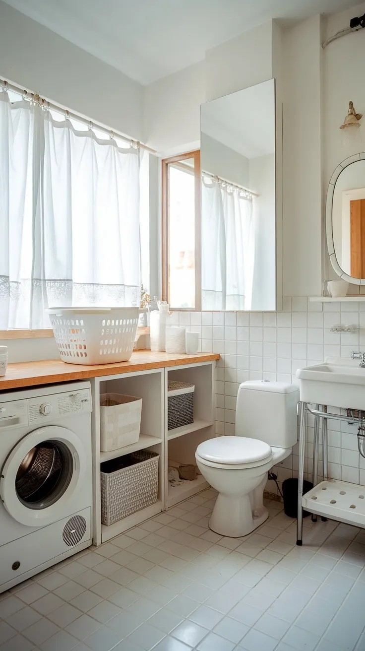 This laundry bathroom combo proves that functionality and beauty can coexist. From the white laundry basket to the efficient use of space, this laundry makeover is a masterclass in laundry room inspiration. Smart room storage DIY and a well-stocked supply of laundry powder complete the picture.