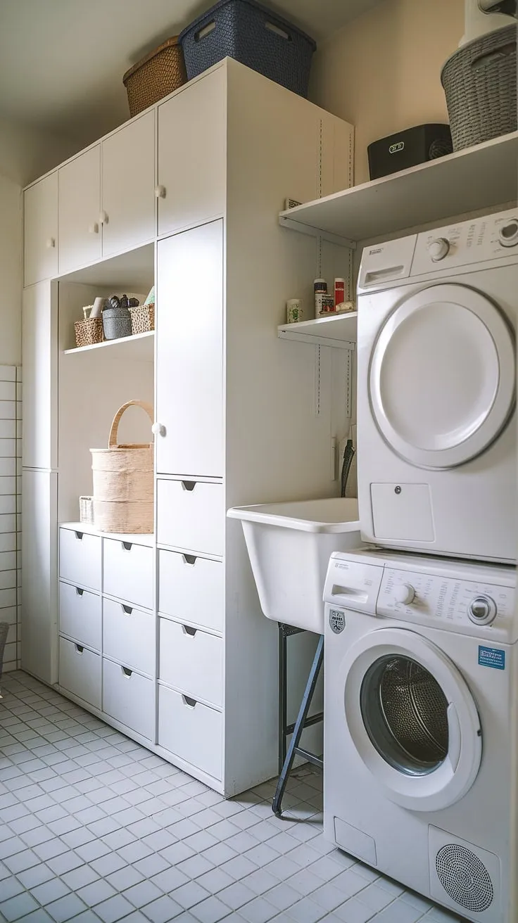 Achieve the ultimate laundry bathroom combo with this space-saving design. The white washing basin complements the white laundry appliances, creating a clean and bright laundry room inspiration. Smart storage solutions, like the multi-drawer cabinet, offer practical room storage DIY ideas. This laundry renovation is a testament to how a laundry makeover can transform a small space, even with limited room for laundry powder storage.