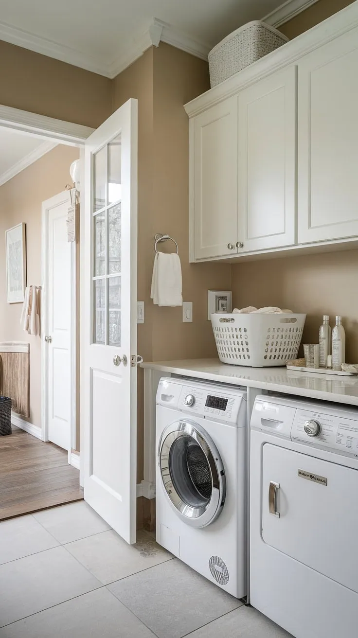 This laundry bathroom combo renovation is the epitome of clean and efficient design. The white cabinets, washing machine, and dryer create a bright and airy feel, while the beige walls add warmth. Clever room storage DIY solutions maximize space, and the white countertop provides a practical surface for laundry powder and a basket. This laundry makeover offers plenty of laundry room inspiration for anyone looking to upgrade their space.