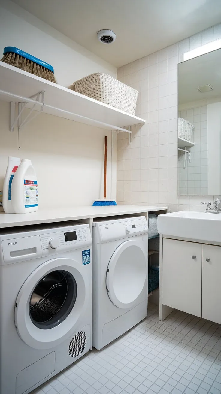 Achieving the perfect balance of functionality and style, this laundry bathroom combo showcases a brilliant laundry renovation. The white laundry theme creates a bright and airy feel, while the thoughtful room storage DIY, including the shelf above the washing machine and dryer, keeps everything organized. The inclusion of a sink adds practicality, making this space a true laundry room inspiration. Notice the clever placement of laundry powder within easy reach.