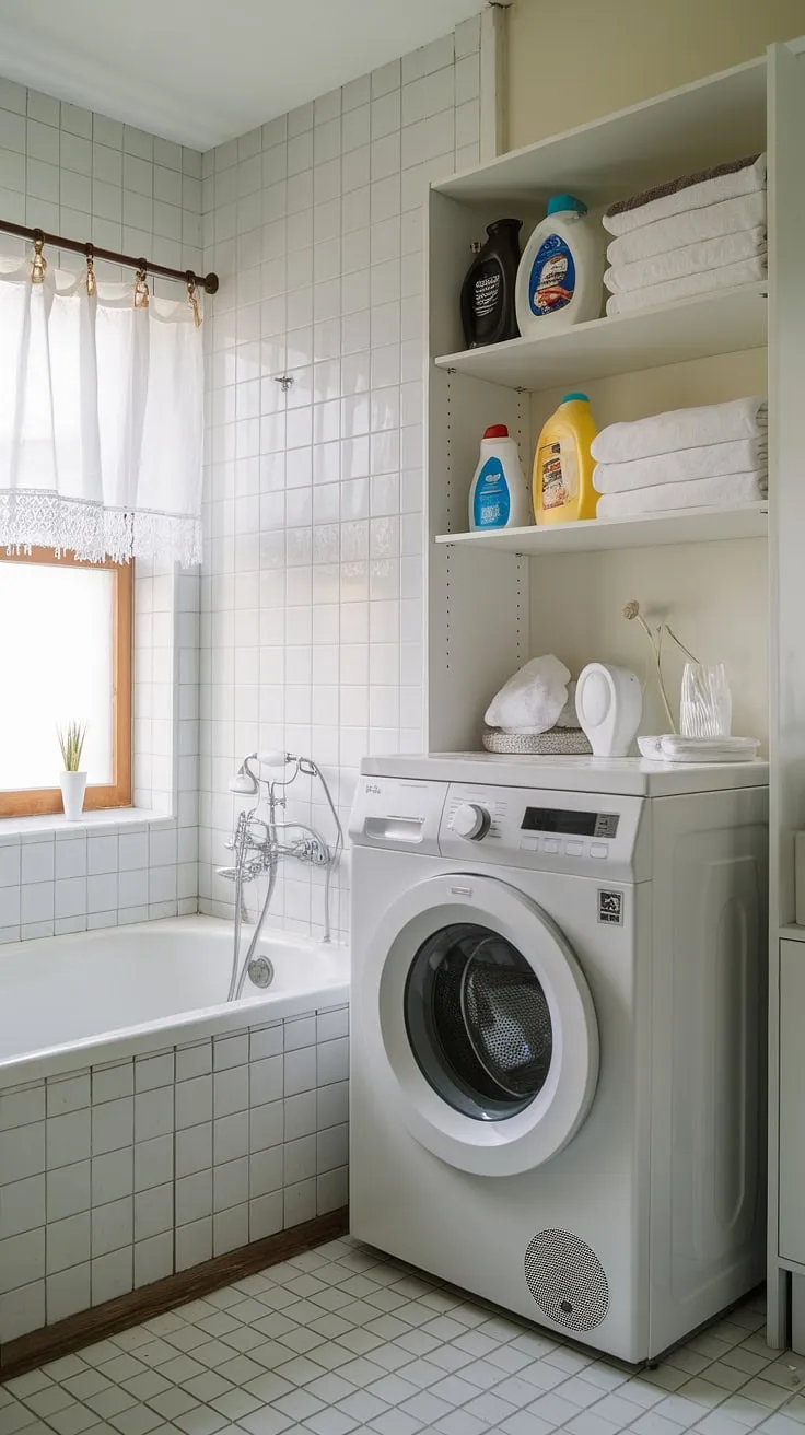 This bright and airy bathroom laundry combo boasts a stunning laundry renovation, showcasing clever room storage DIY solutions. The white laundry cabinet and bathtub create a clean aesthetic, while the window with a curtain adds a touch of charm. Practical storage above the white laundry unit holds neatly organized towels and laundry powder, offering plenty of inspiration for your own laundry makeover.