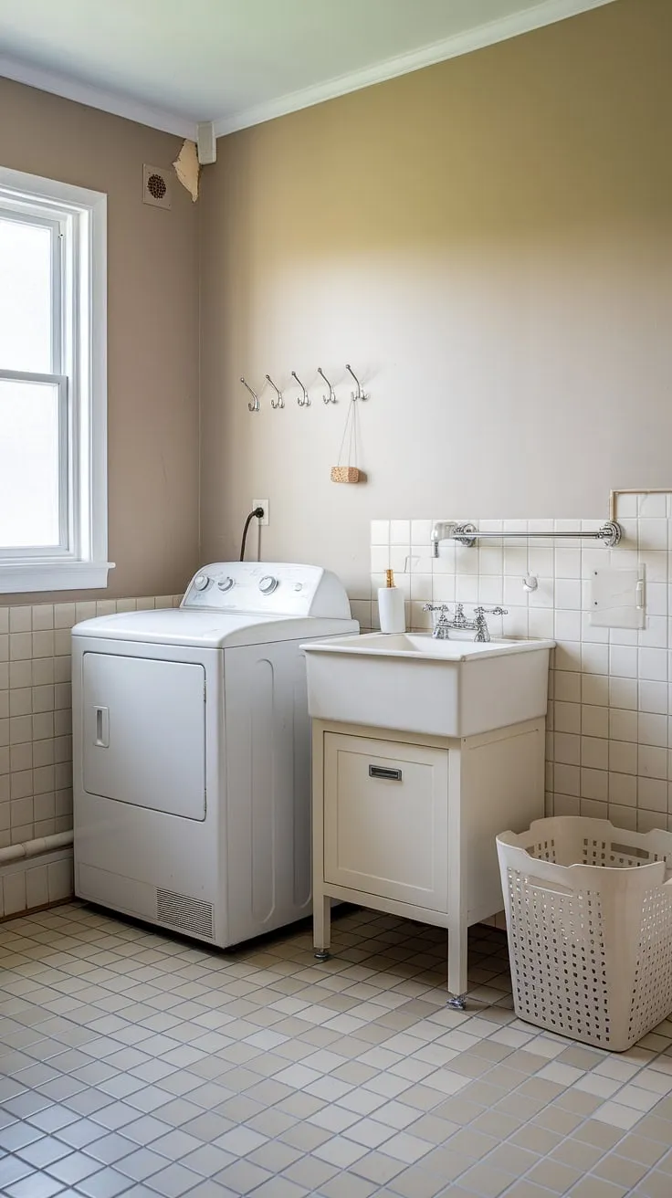 Achieve laundry room bliss with this laundry renovation. This bathroom laundry combo boasts ample storage, a white laundry sink, and a fresh design. Perfect for storing laundry powder and inspired by laundry room inspiration.