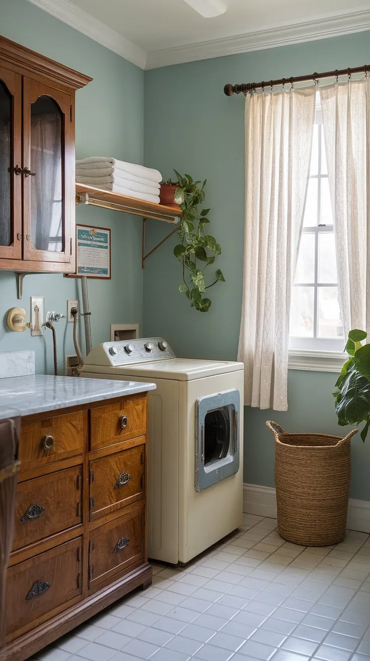This laundry makeover transformed a small space into a delightful laundry room inspiration. The pale blue walls and white laundry elements create a calming atmosphere, while the vintage washing machine and marble-topped cabinet add a touch of nostalgic charm. Clever room storage DIY solutions maximize space in this efficient laundry bathroom combo, a testament to the possibilities of a laundry renovation. The potted plant adds a refreshing touch, making this laundry bathroom combo a space you'll actually enjoy. A simple addition of laundry powder completes the picture of this functional and beautiful space.