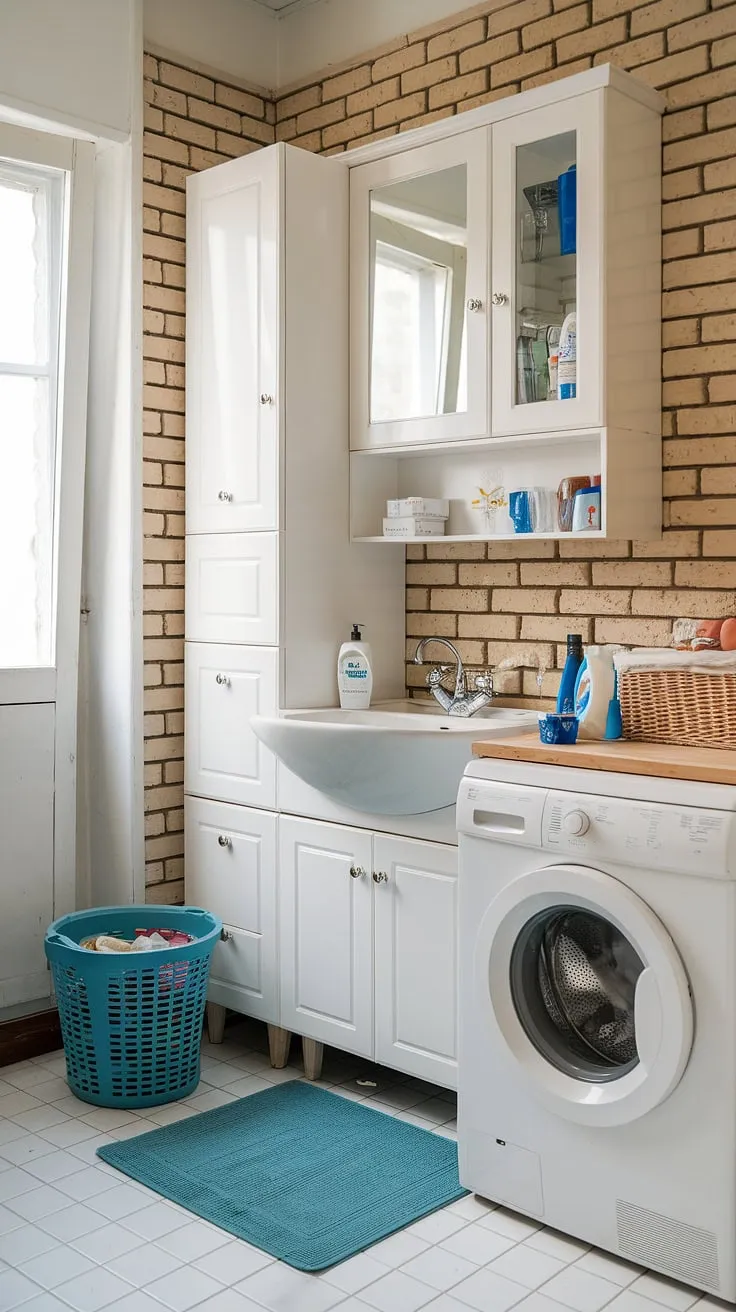 Streamlined style meets functionality in this stunning bathroom laundry combo. Clever storage solutions and white laundry cabinets maximize space, making this laundry renovation a true laundry room inspiration.
