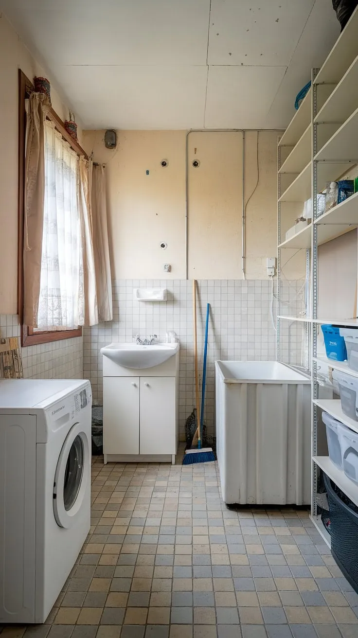 Laundry room inspiration strikes again! This laundry bathroom combo showcases how a laundry makeover, featuring white laundry and clever room storage DIY, can transform a cramped space into a practical and aesthetically pleasing bathroom laundry combo. Plenty of storage for laundry powder and more!