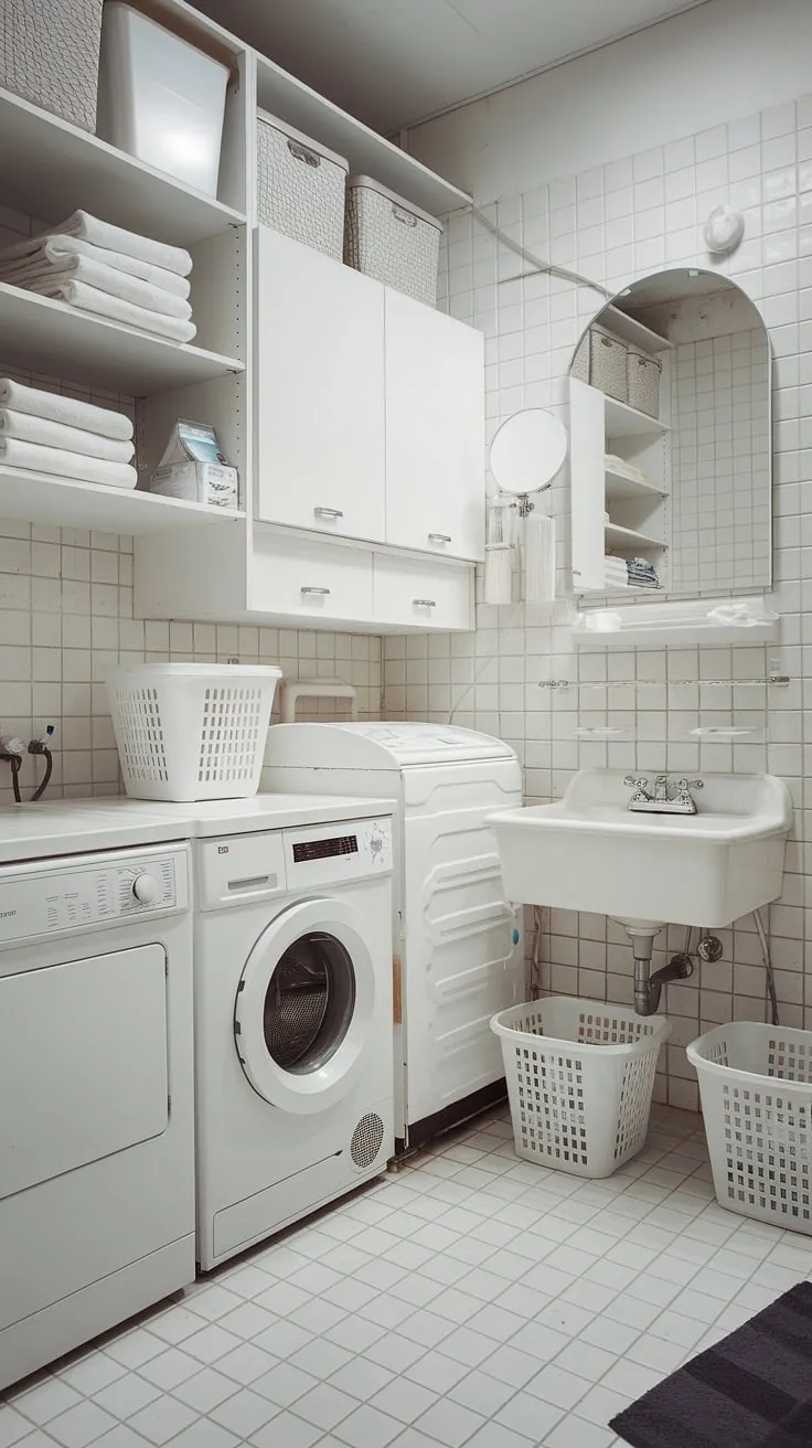 Fresh start, fresh laundry: This bathroom laundry combo is the ultimate laundry room inspiration. Smart storage solutions and a clean aesthetic make this laundry renovation a dream. White laundry baskets and powder complete the look.