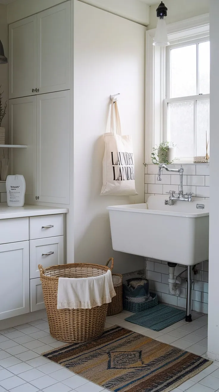 Achieve your dream laundry makeover with this inspiring bathroom laundry combo design. Clever room storage DIY ideas, such as the hanging laundry bag, keep everything organized. The white laundry theme, complemented by the white laundry sink and cabinets, creates a serene atmosphere. This laundry bathroom combo showcases how efficient and stylish laundry room inspiration can be, even in a small space. A simple addition of laundry powder completes the picture.