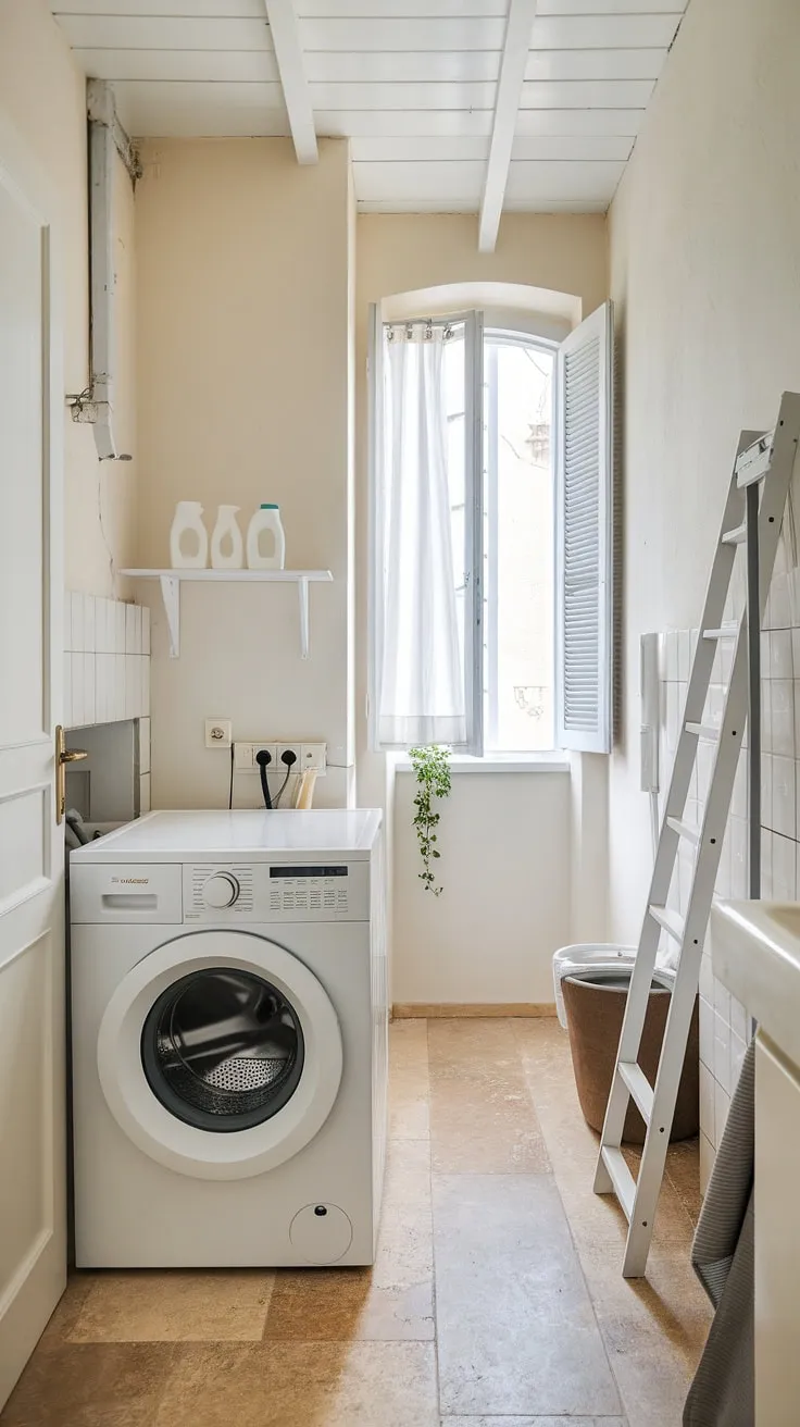 Laundry renovation goals! This stunning laundry bathroom combo proves that functionality and style can coexist. The white laundry aesthetic, combined with smart room storage DIY, makes this the perfect laundry room inspiration.