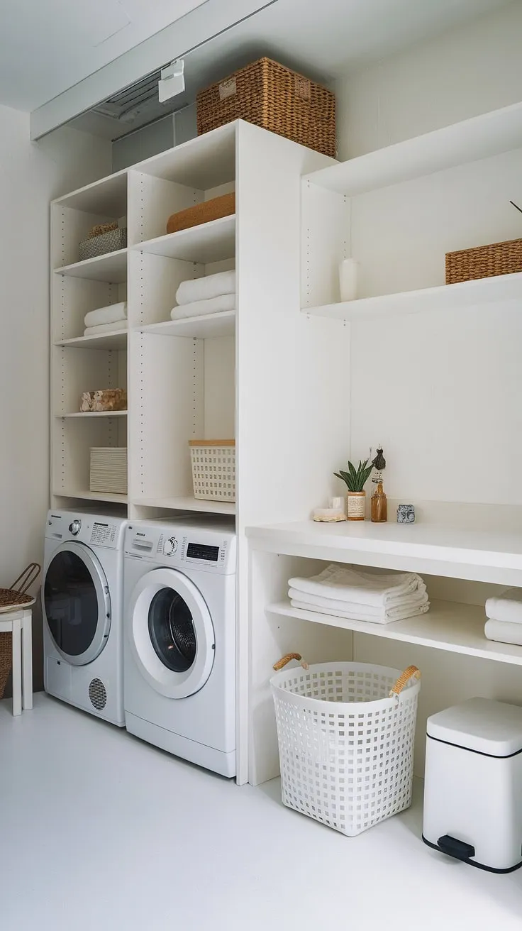 Achieve the laundry room of your dreams with this laundry bathroom combo design. The all-white palette, featuring a white washer and dryer, creates a bright and airy feel, while the clever use of shelving provides plenty of room storage DIY. This laundry makeover showcases how a thoughtful layout can transform a small space. The clean lines and minimalist aesthetic offer a perfect blend of functionality and style, making it the ultimate laundry room inspiration. Keep your white laundry organized with the stylish basket and easily access your laundry powder.