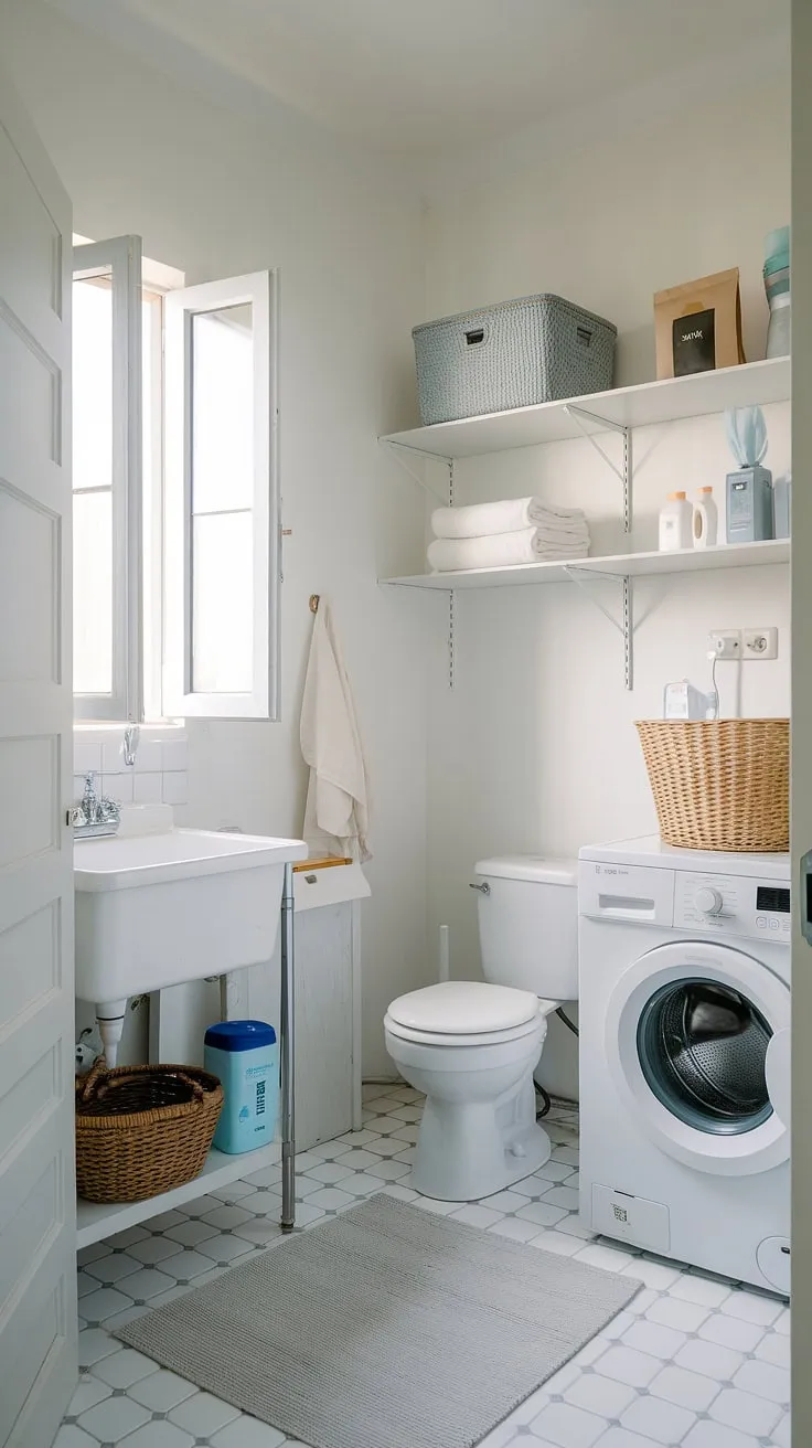 This compact yet functional bathroom laundry combo is the perfect example of a successful laundry renovation. The white walls and clever room storage DIY solutions maximize space, while the addition of shelves provides ample storage. A basket sits neatly beside the washing machine, and a container of laundry powder rests nearby, ready for the next load. This laundry room inspiration showcases how a little creativity can transform a small space into a highly efficient laundry bathroom combo.