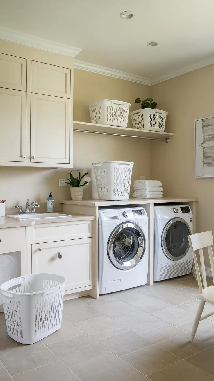Laundry makeover magic! This laundry bathroom combo proves that even a small space can be transformed. The efficient design maximizes storage, making laundry day a breeze. Plenty of room for laundry powder and all your white laundry needs.