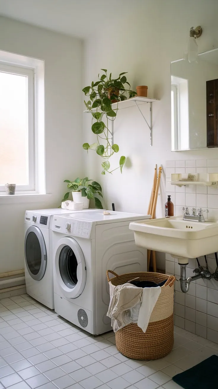 Maximize space and minimize fuss with this laundry bathroom combo. Laundry renovation goals achieved with this efficient design, featuring clever room storage DIY and a touch of greenery. Perfect for a white laundry lover, this bathroom laundry combo offers a fresh take on laundry room inspiration.