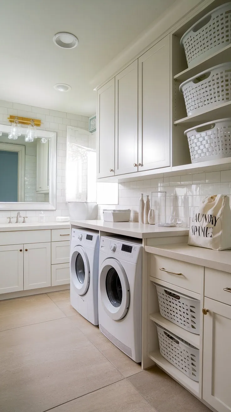 This stunning laundry bathroom combo is the ultimate laundry room inspiration! The white cabinets and countertops create a bright and airy feel, while clever room storage DIY solutions maximize space. Notice the convenient placement of the washing machine and dryer alongside the sink and mirror – a perfect example of a successful laundry renovation and laundry makeover. The white laundry baskets and powder are neatly stored, completing this clean and efficient space.