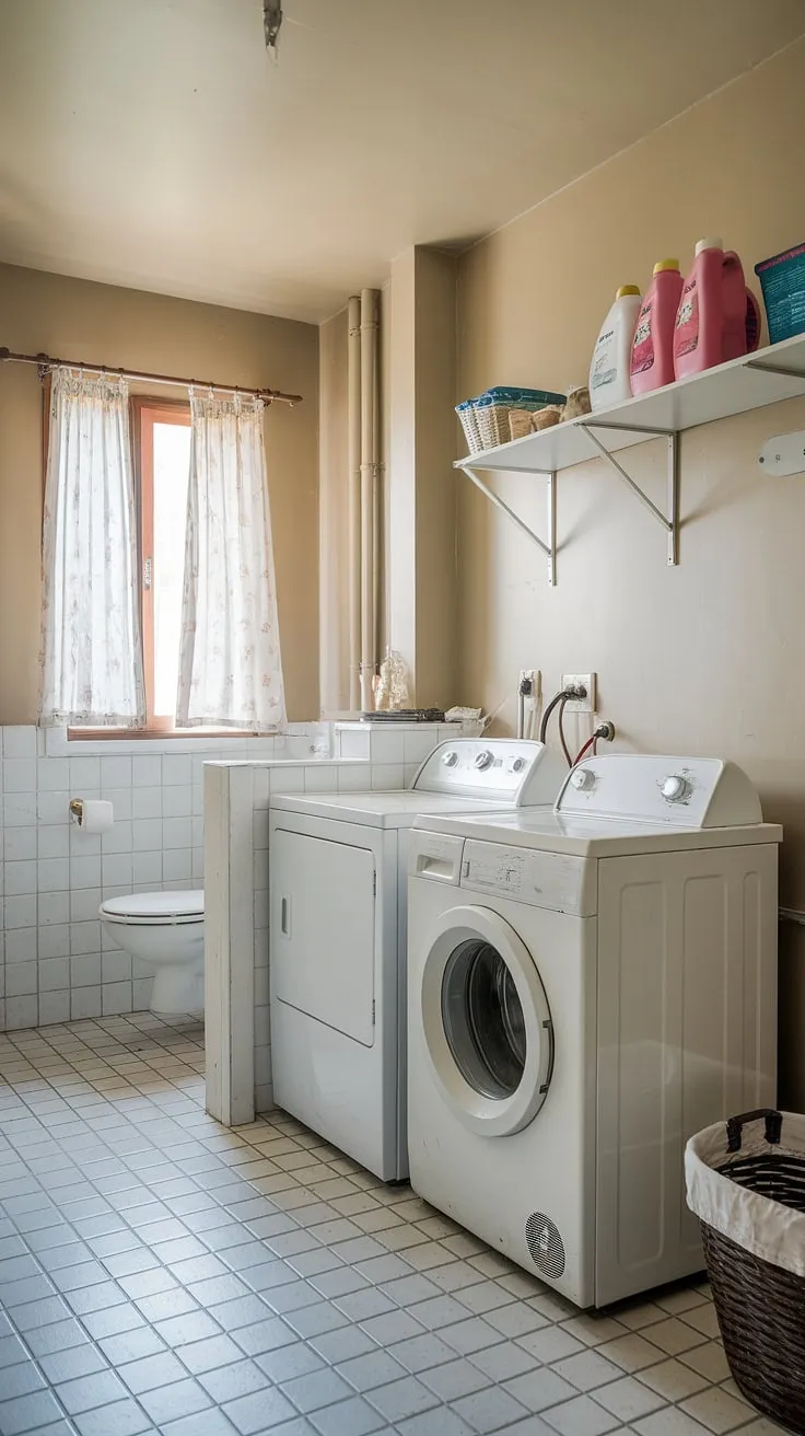 Achieving the perfect balance of style and practicality, this laundry makeover showcases a stunning laundry bathroom combo. The white laundry set is a clean and modern choice, complemented by the beige walls and tiled floor. Smart room storage DIY, such as the shelf for laundry powder, keeps everything organized. This laundry room inspiration proves that even a small space can be transformed into a functional and aesthetically pleasing area.
