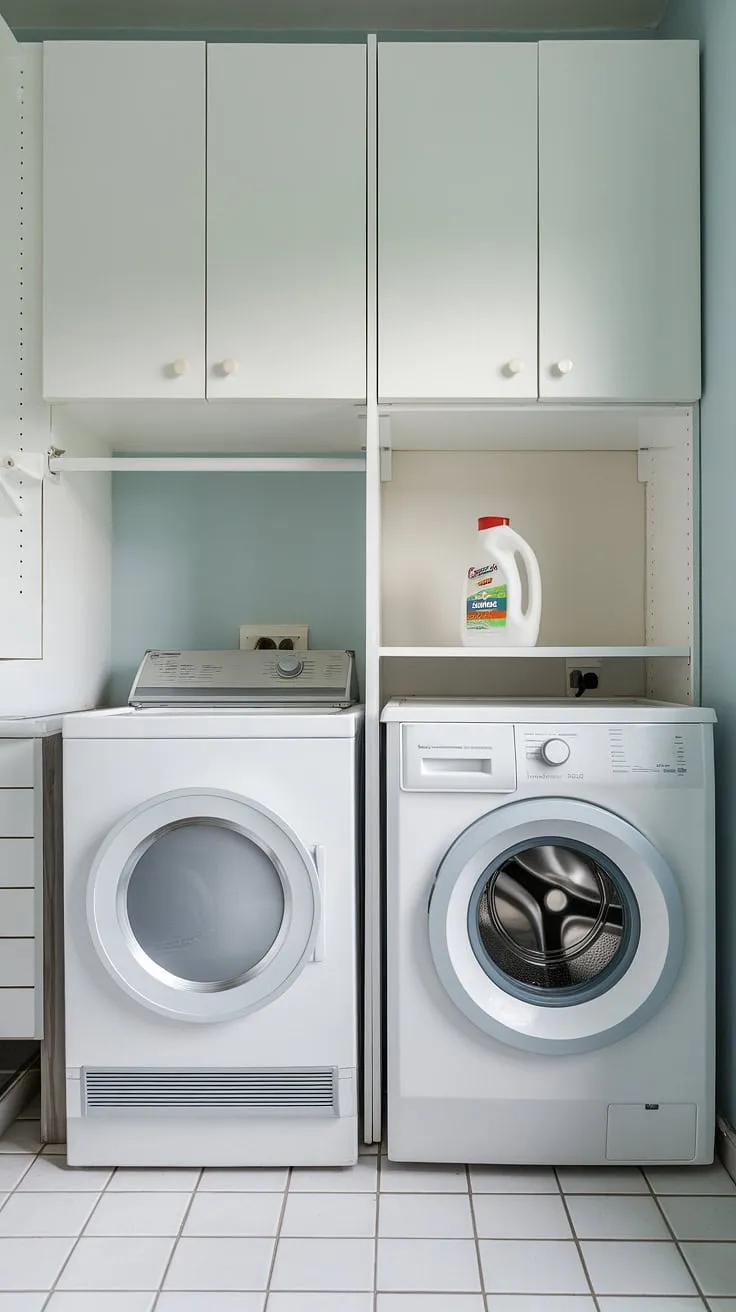 Achieve your dream laundry makeover with this inspiring bathroom laundry combo design. The white laundry aesthetic is effortlessly chic, and the clever use of shelving maximizes storage in this compact space. The light blue walls add a calming touch, while the practical placement of the laundry powder keeps everything organized. This laundry room inspiration showcases how a little renovation can transform a small space.