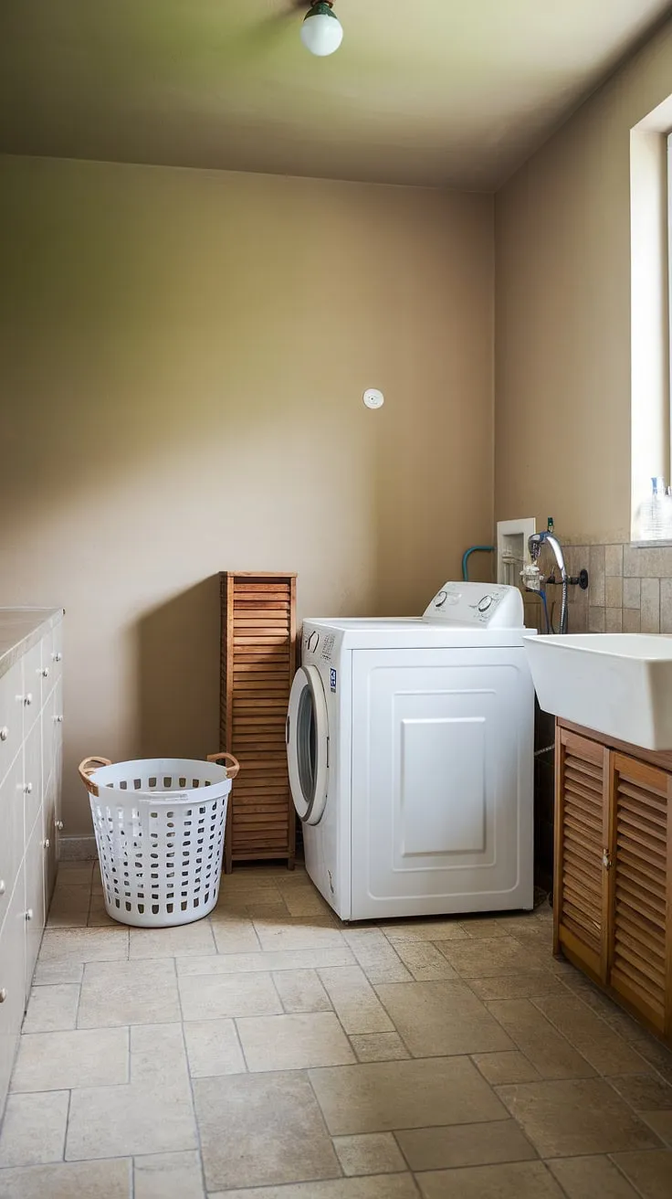 This laundry renovation transformed a small space into a functional and beautiful laundry bathroom combo. The white laundry appliances are the focal point, their clean lines enhanced by the beige tiles and walls. A simple wooden cabinet provides much-needed room storage DIY, keeping everything organized. The natural light from the window brightens the space, making laundry day a little less of a chore. This laundry room inspiration demonstrates how even a small area can be maximized with smart design choices and a touch of white laundry elegance.