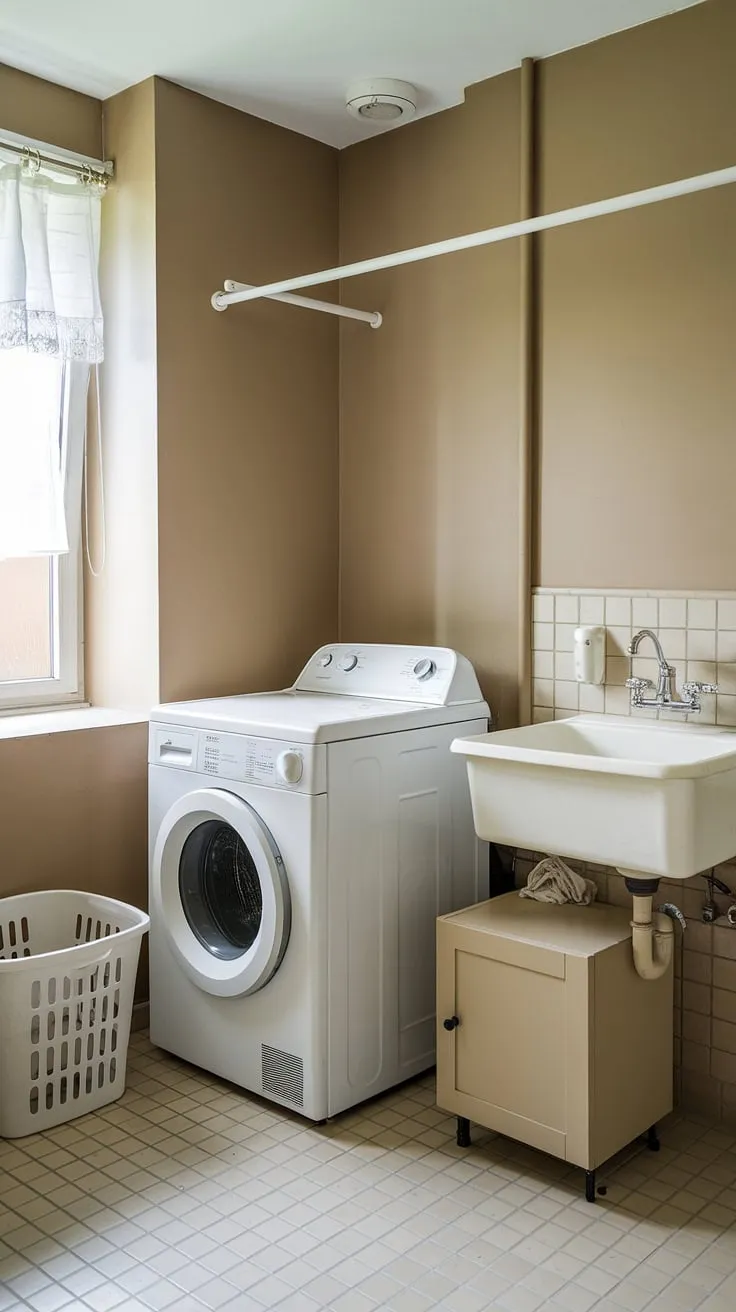 Achieve laundry room inspiration with this laundry makeover. This laundry bathroom combo expertly blends functionality and style. The white laundry appliances, including the white laundry machine and sink, are complemented by the beige color scheme. Smart room storage DIY ideas, such as the cabinet, keep everything organized. The addition of a window with a curtain adds natural light and a touch of charm. This laundry renovation is a testament to how a small space can be transformed into an efficient and beautiful laundry bathroom combo, perfect for storing laundry powder and keeping everything neat.