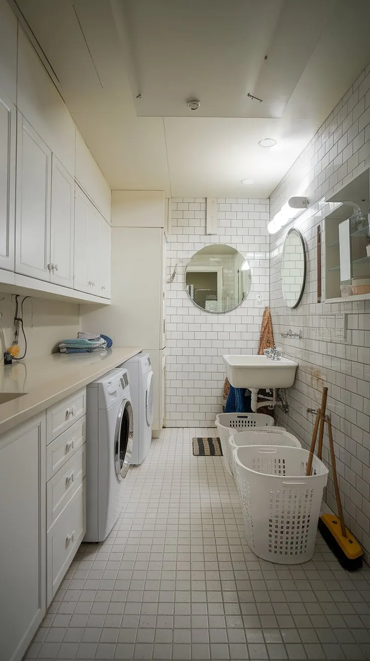This bright and airy bathroom laundry combo is the ultimate laundry room inspiration. The white cabinets and tiled floor create a clean, spacious feel, perfect for a laundry renovation or makeover. Clever room storage DIY solutions maximize space, while the inclusion of a sink and mirror adds practical bathroom functionality. Plenty of room for white laundry and storage of laundry powder.