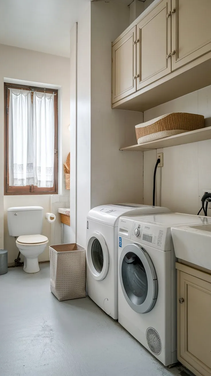 This efficient bathroom laundry combo maximizes space with clever storage solutions. The beige cabinets complement the white walls and floors, creating a bright and airy feel. The addition of a shelf above the washer and dryer provides ample room storage DIY, perfect for storing laundry powder and keeping white laundry organized. This laundry renovation is a prime example of laundry room inspiration, showcasing a successful laundry makeover.
