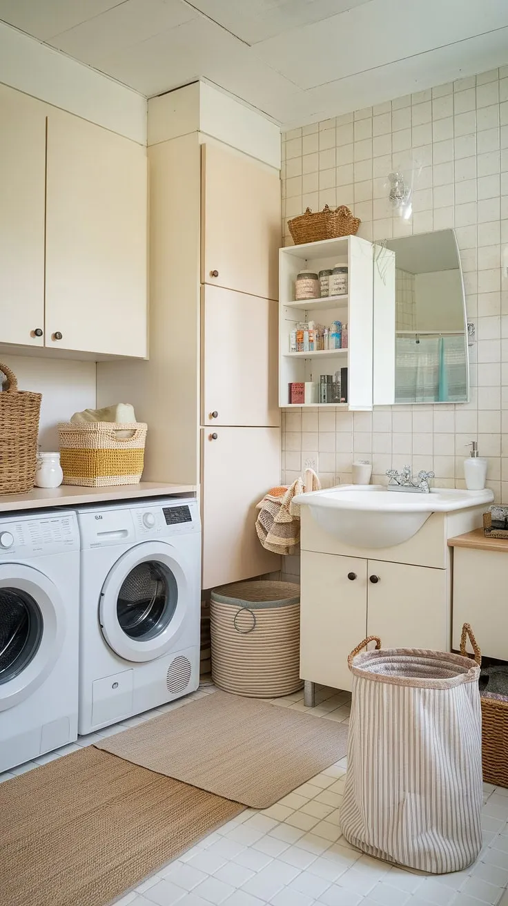 Achieve the laundry room of your dreams with this inspiring laundry bathroom combo. This laundry makeover cleverly combines functionality and style, featuring a white laundry setup with ample storage. The beige rug softens the space, while the strategically placed baskets and laundry powder container add a touch of practicality. This laundry renovation is a testament to smart room storage DIY and offers plenty of inspiration for your own project.