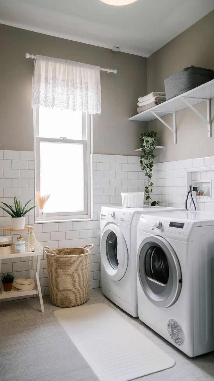 Laundry room inspiration at its finest! This laundry bathroom combo proves that even a small space can be a stylish and functional laundry makeover, complete with room storage DIY solutions and a touch of greenery.