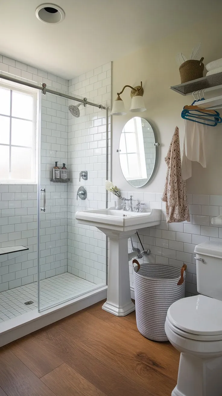 Efficient and stylish, this bathroom redesign demonstrates the possibilities of a compact bathroom layout. The inclusion of laundry in the bathroom, nestled beside a pedestal sink and walk-in shower, is a testament to clever bathroom design decor. The warm wood floor and tiled walls create a visually appealing space, providing bathroom inspiration decor and shower ideas for those seeking to optimize their bathroom nook. This bathroom design showcases how thoughtful planning can create a functional and beautiful space.