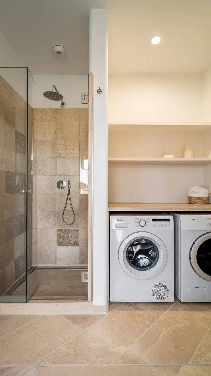 Maximize space and style with this clever bathroom nook. Smart bathroom layout featuring shower ideas and laundry in bathroom, perfect bathroom redesign inspiration.