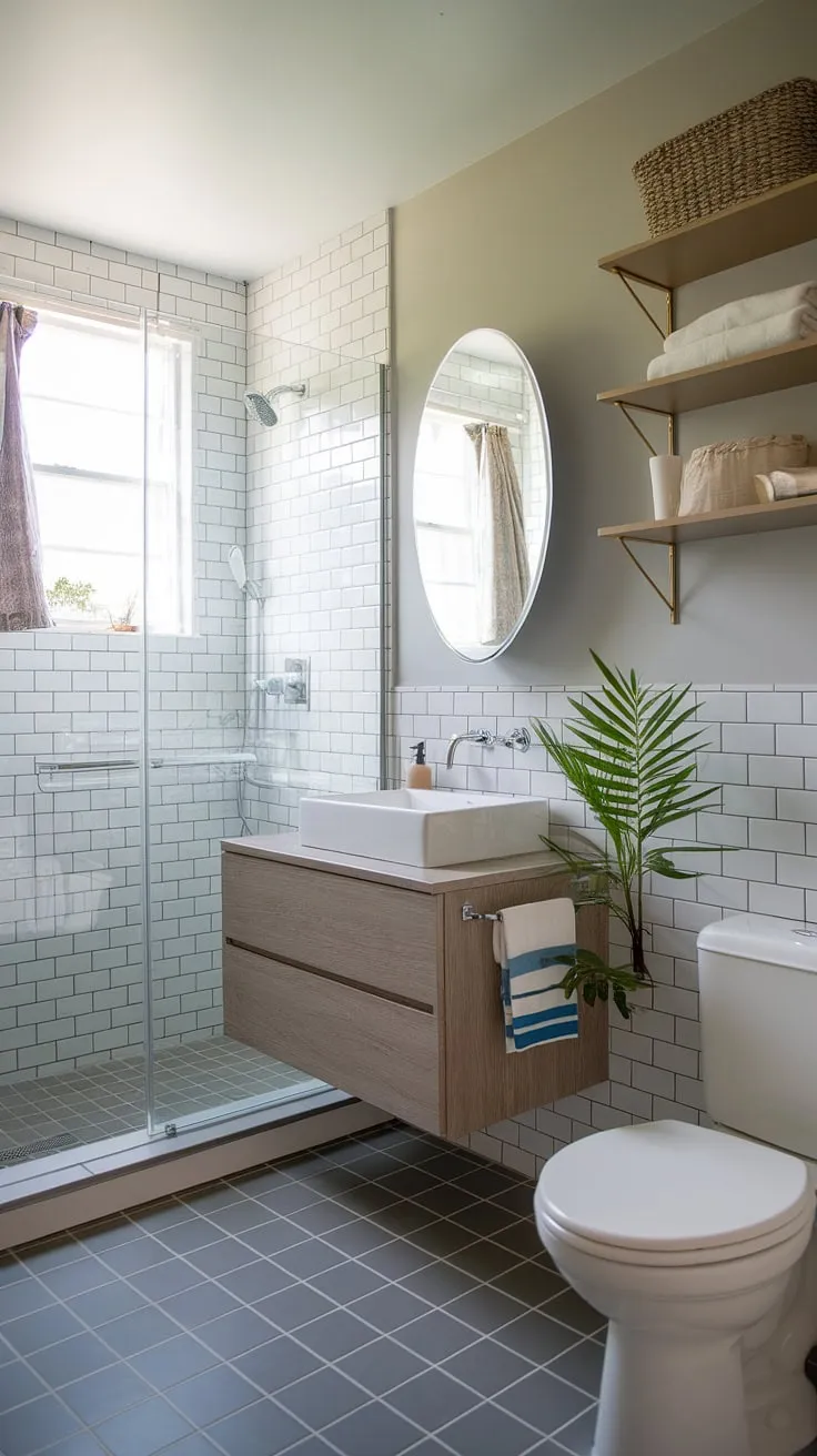 A complete bathroom redesign transformation! This space cleverly integrates a laundry in bathroom solution and a delightful bathroom nook, maximizing space and style. The bathroom layout is both practical and aesthetically pleasing, featuring a modern shower, a floating vanity with a sleek white sink, and grey and white tiled floors. The added shelf with towels and a plant completes the bathroom design decor, offering a touch of warmth and personality. This bathroom design inspiration is all about efficient use of space and thoughtful design.