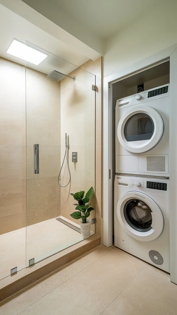 This bathroom nook is a masterclass in efficient bathroom design decor. Bathroom redesign goals? Look no further for bathroom inspiration decor and shower ideas, all within a practical bathroom layout including laundry in the bathroom.