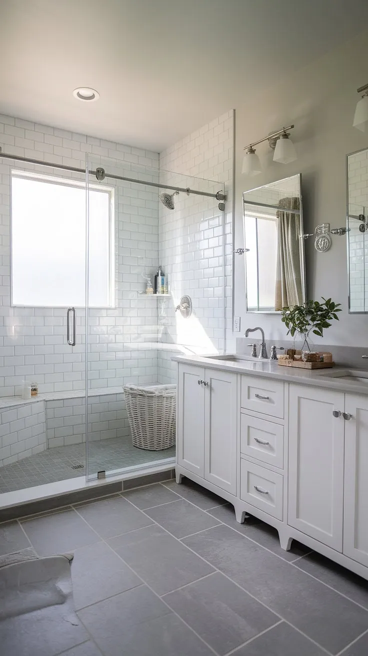 A stunning bathroom redesign featuring a practical bathroom nook for laundry storage within the walk-in shower. This innovative bathroom layout offers shower ideas that are both stylish and functional. The white vanity with double sinks, gray tile flooring, and a window with a curtain create a bright and airy atmosphere. The overall bathroom design decor is minimalist and chic, providing excellent bathroom design inspiration and showcasing clever solutions for laundry in the bathroom. This bathroom nook is a testament to smart bathroom inspiration decor.