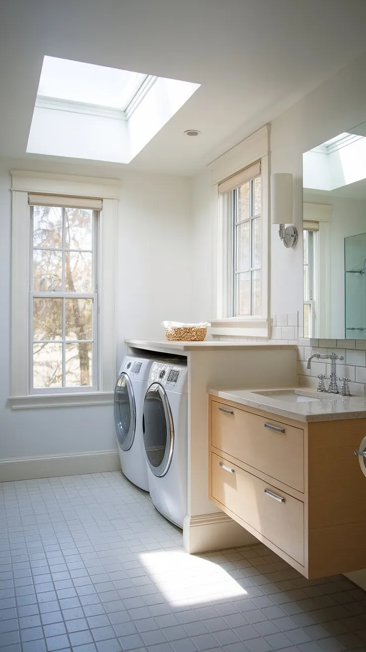 This bathroom redesign perfectly demonstrates how to maximize space and incorporate laundry in the bathroom. The bright, airy bathroom nook features a washing machine and dryer tucked neatly beside a sleek floating vanity. Natural light floods the room thanks to a strategically placed window and skylight, enhancing the overall bathroom design decor. This bathroom layout is a testament to smart bathroom design inspiration, offering plenty of ideas for your own bathroom inspiration decor and shower ideas. The clean white walls and tiled floor complete the fresh and modern aesthetic.