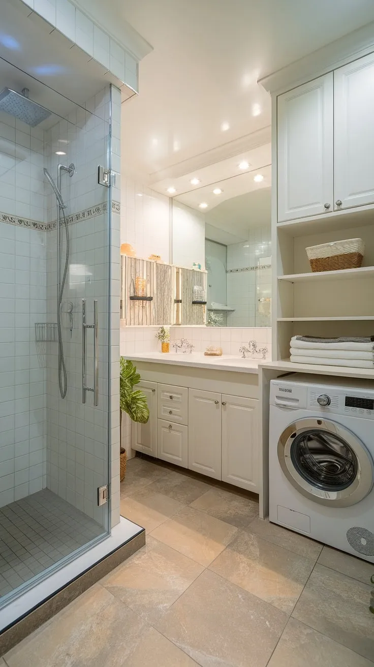 A bright and airy bathroom nook, perfect for bathroom design inspiration. This bathroom redesign cleverly incorporates a laundry area alongside a modern shower with a rainfall showerhead. The thoughtful bathroom layout, featuring a double vanity and stylish storage, makes the most of the space. Consider this a prime example of bathroom design decor and shower ideas, showcasing a practical solution for laundry in bathroom settings. The result is a functional and aesthetically pleasing bathroom inspiration decor.