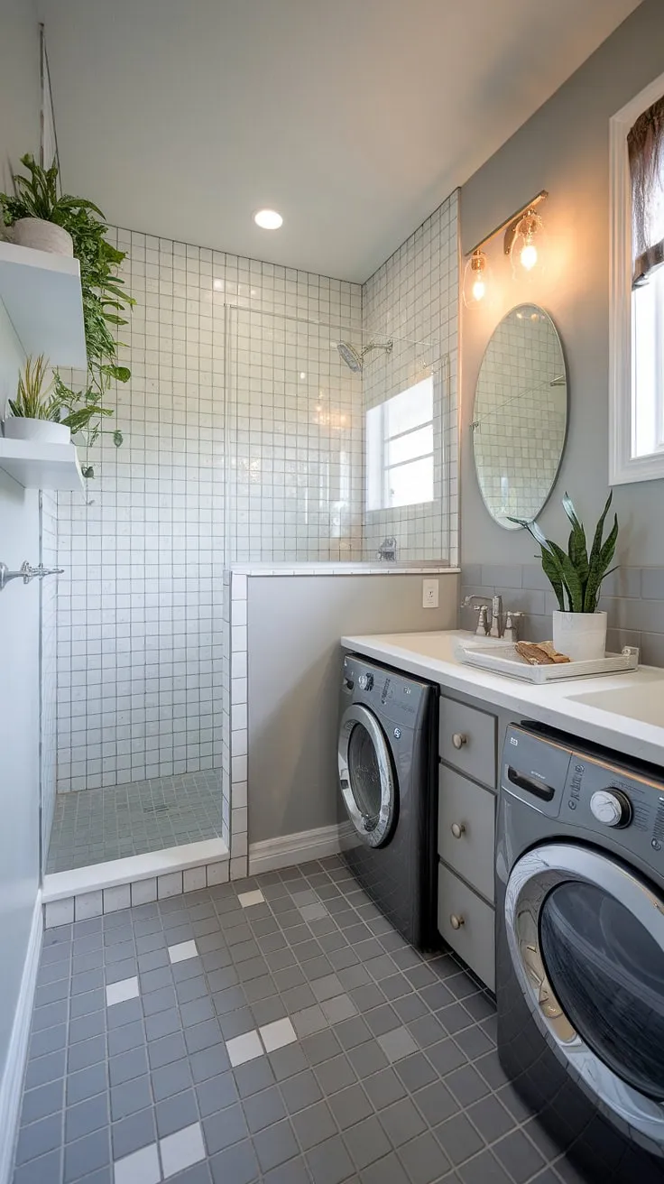 This stunning bathroom redesign showcases a clever bathroom layout, incorporating a dedicated laundry area and a peaceful bathroom nook. The modern design features a spacious walk-in shower with sleek glass doors, a floating double vanity, and stylish bathroom design decor. The grey and white tiled floor complements the overall aesthetic, while the window with sheer curtains and potted plants add a touch of serenity. This bathroom design inspiration is perfect for those seeking efficient space utilization and a touch of luxury. Shower ideas abound in this functional and beautiful space, proving that laundry in bathroom can be seamlessly integrated into a stylish design.