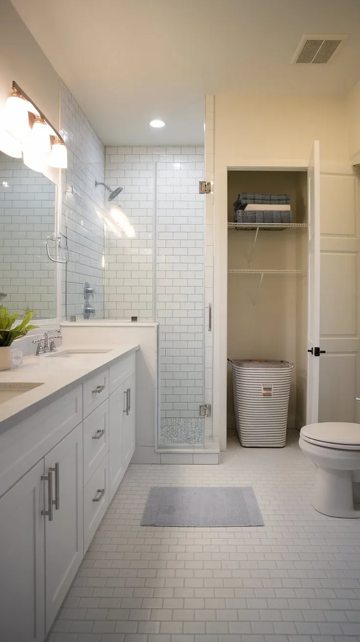 Bathroom inspiration decor at its finest! This bathroom redesign showcases a practical and stylish bathroom nook dedicated to laundry. The thoughtful bathroom layout incorporates a spacious walk-in shower, a double vanity, and a discreet laundry area complete with hamper and drying rack. The white walls and grey and white tile flooring create a bright and airy atmosphere, making this a perfect example of bathroom design inspiration and shower ideas for your next project. The seamless integration of laundry in the bathroom is a clever solution for small spaces.