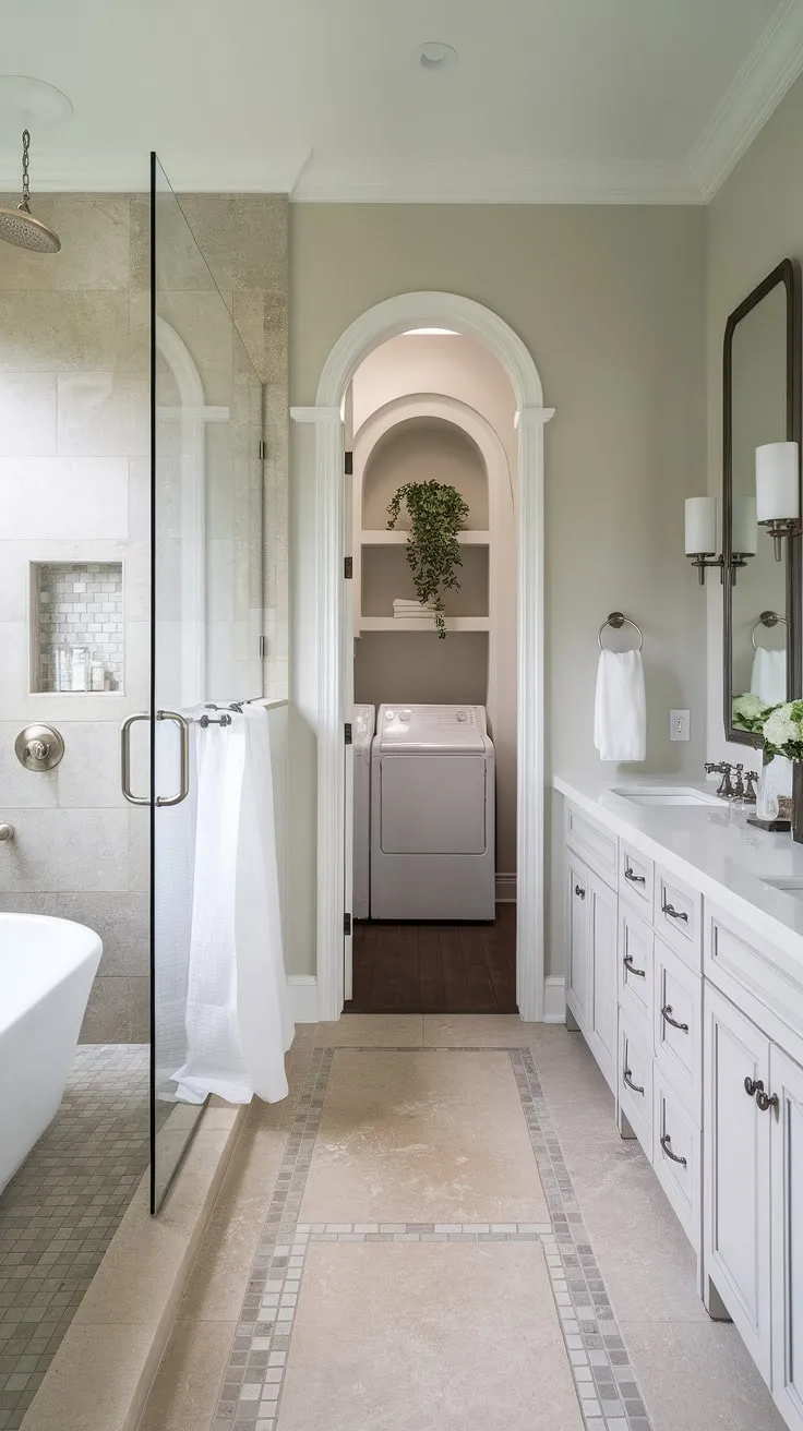 This bathroom design inspiration features a thoughtful bathroom layout, integrating a laundry area, a relaxing walk-in shower with stunning shower ideas (including a rainfall showerhead), and a functional bathroom nook. The frameless glass enclosure, beige and grey mosaic tiles, and light grey walls create a serene atmosphere. The white tub and double vanity add to the clean, modern feel, making this bathroom redesign a perfect example of practical and stylish bathroom design decor.