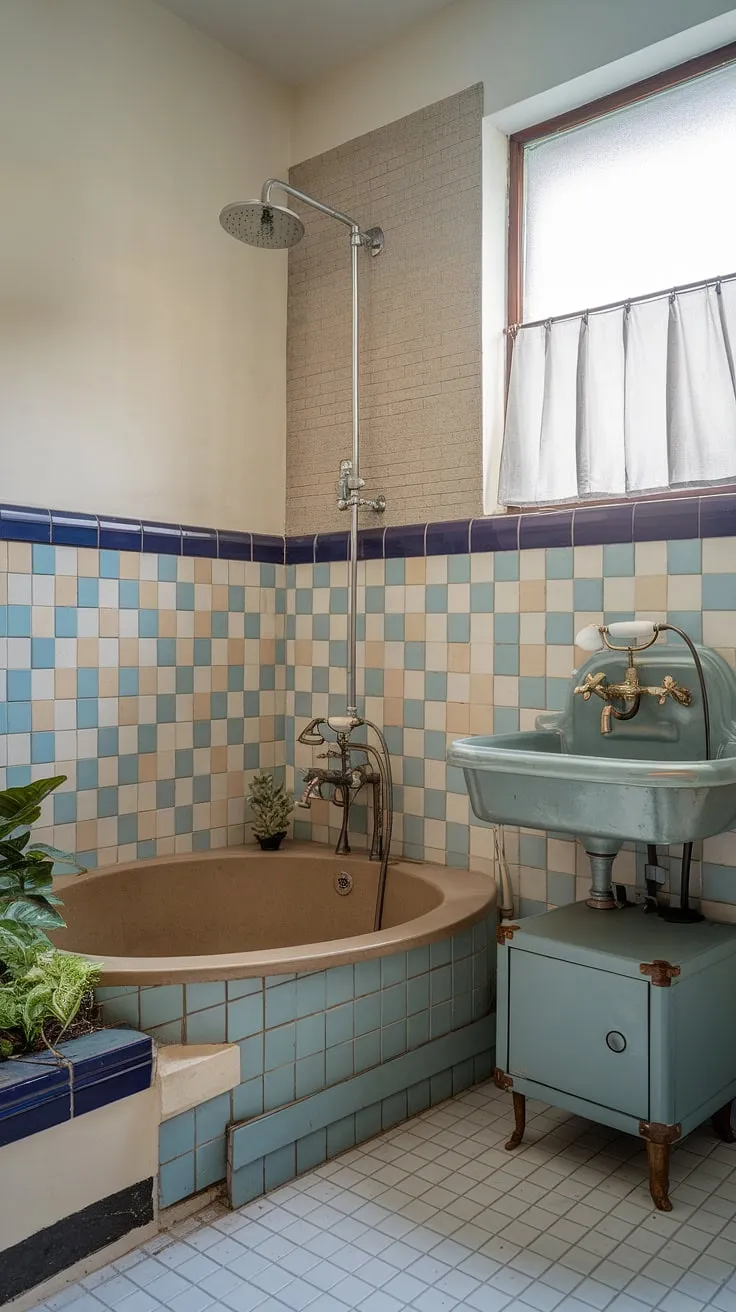Escape to this serene bathroom nook, a perfect blend of vintage charm and modern convenience. The thoughtful bathroom layout, complete with rainfall shower ideas and a practical laundry in bathroom solution, makes this bathroom redesign a true bathroom design inspiration. This bathroom design decor is the ultimate bathroom inspiration decor.