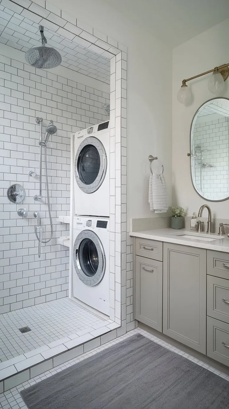Transform your bathroom with this ingenious bathroom nook solution! This bathroom redesign showcases smart bathroom layout, incorporating laundry in bathroom without compromising style. Get inspired by the shower ideas and bathroom design decor.