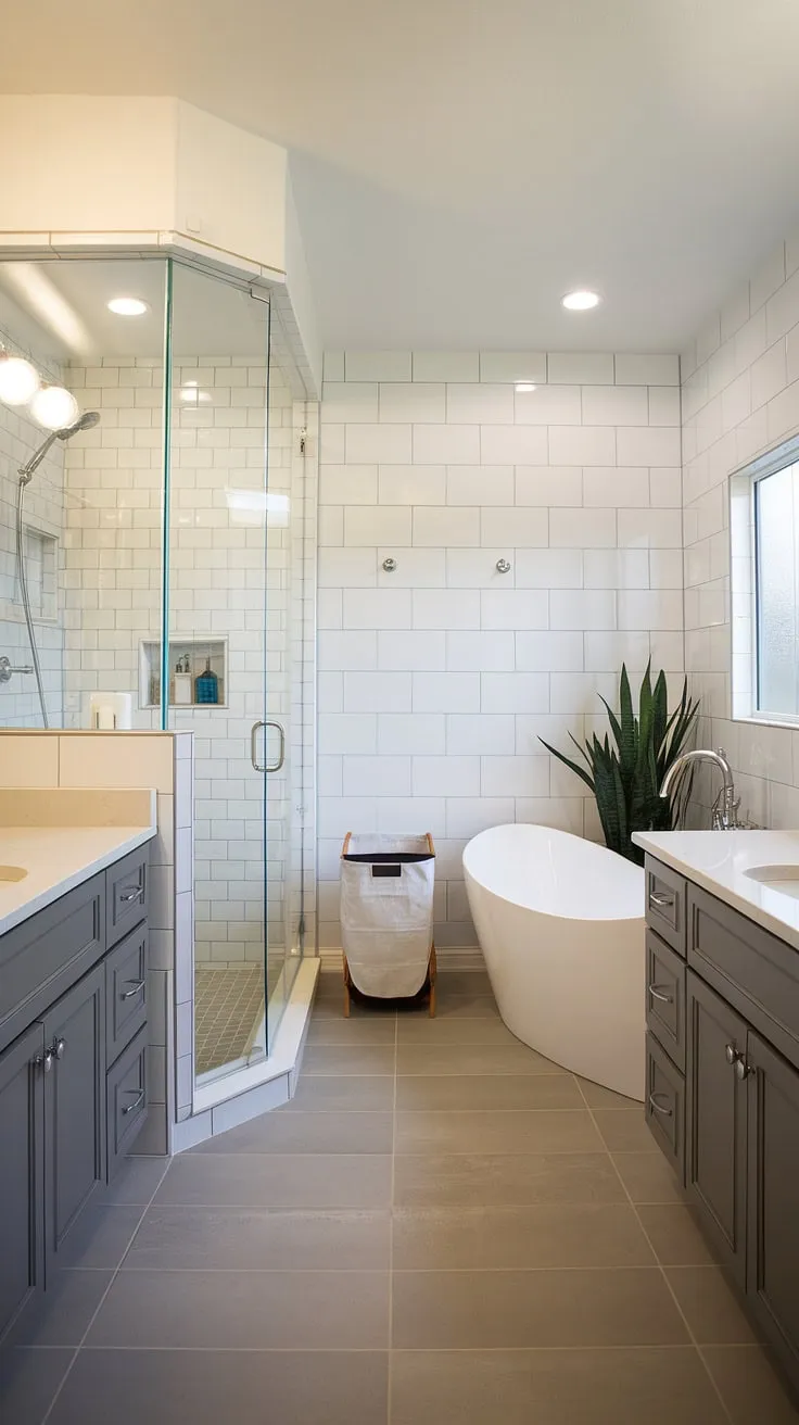 Bathroom design inspiration at its finest! This bathroom redesign cleverly utilizes a charming bathroom nook, creating a spa-like atmosphere. Note the thoughtful bathroom layout, including a glass shower, freestanding tub, double vanity, and practical laundry in bathroom solution. Perfect bathroom inspiration decor for your next project.