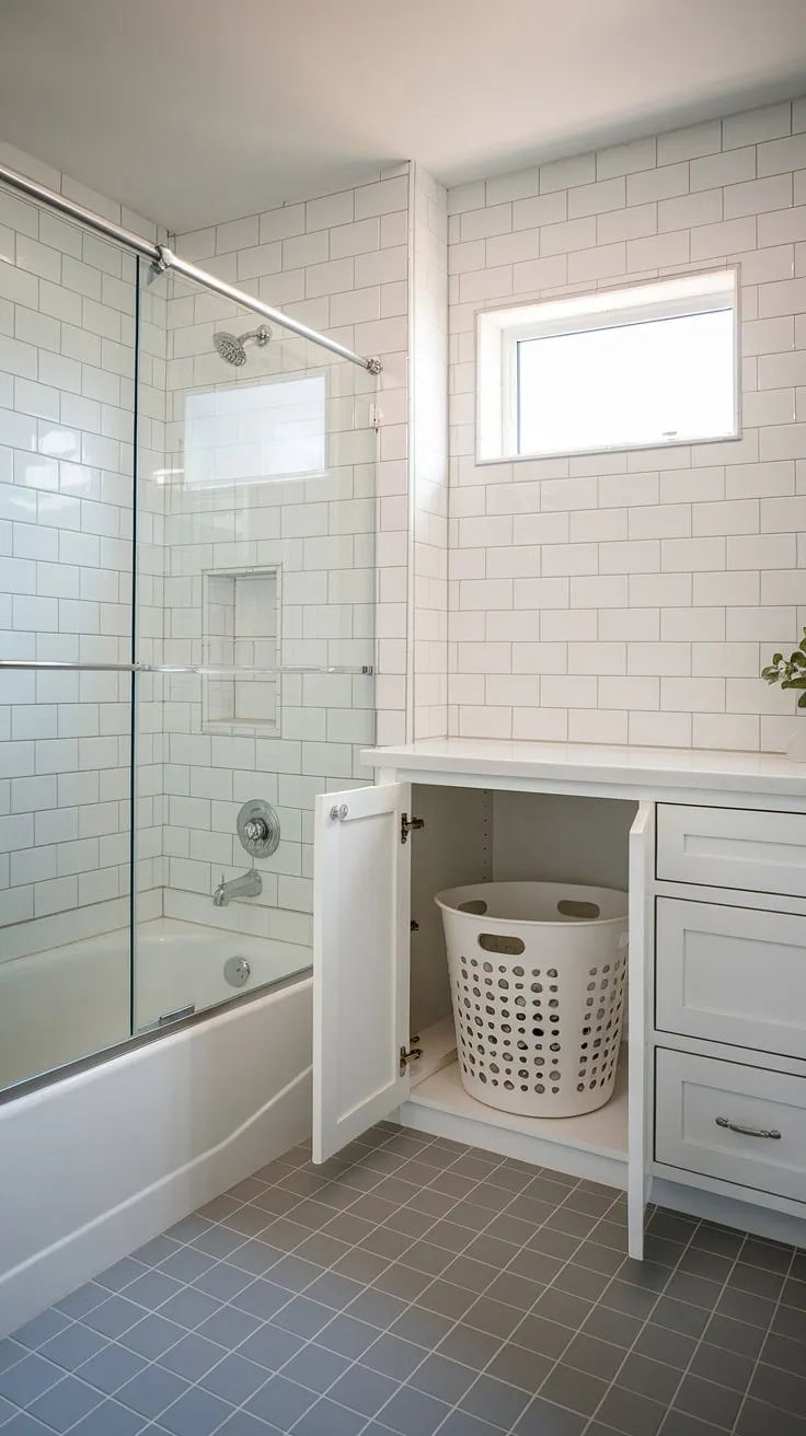 This bathroom redesign cleverly incorporates a laundry nook, maximizing space and style. The perfect blend of bathroom design inspiration and practical bathroom layout.