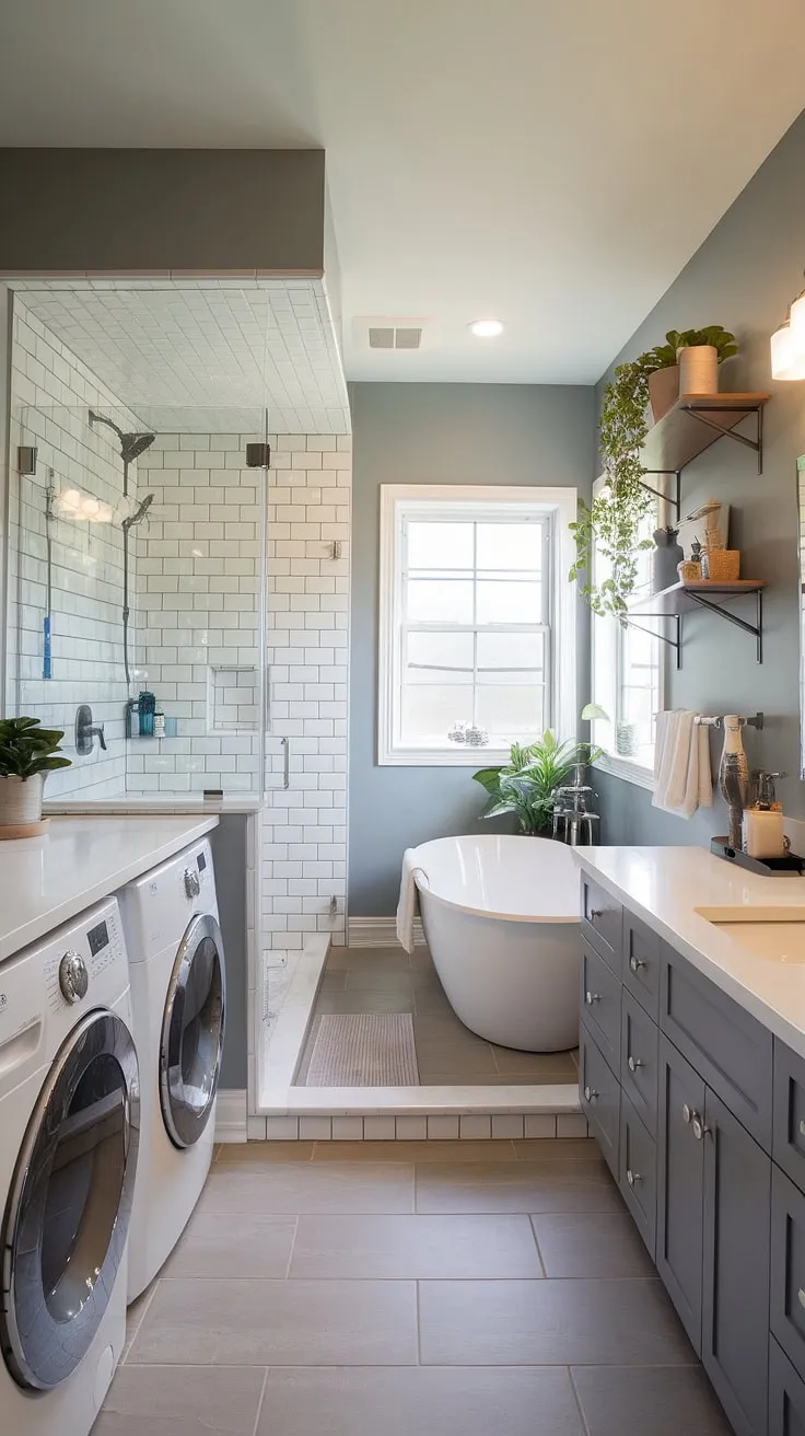 A dream bathroom redesign complete with a laundry in bathroom solution! This clever bathroom nook maximizes space and style. The combination of a spacious walk-in shower (shower ideas expertly executed!), a freestanding tub, and a double vanity creates a luxurious feel. The grey and white palette is warmed by wood accents, and the addition of plants elevates the bathroom design decor. This bathroom layout is the perfect blend of functionality and aesthetic appeal, offering abundant bathroom inspiration decor.