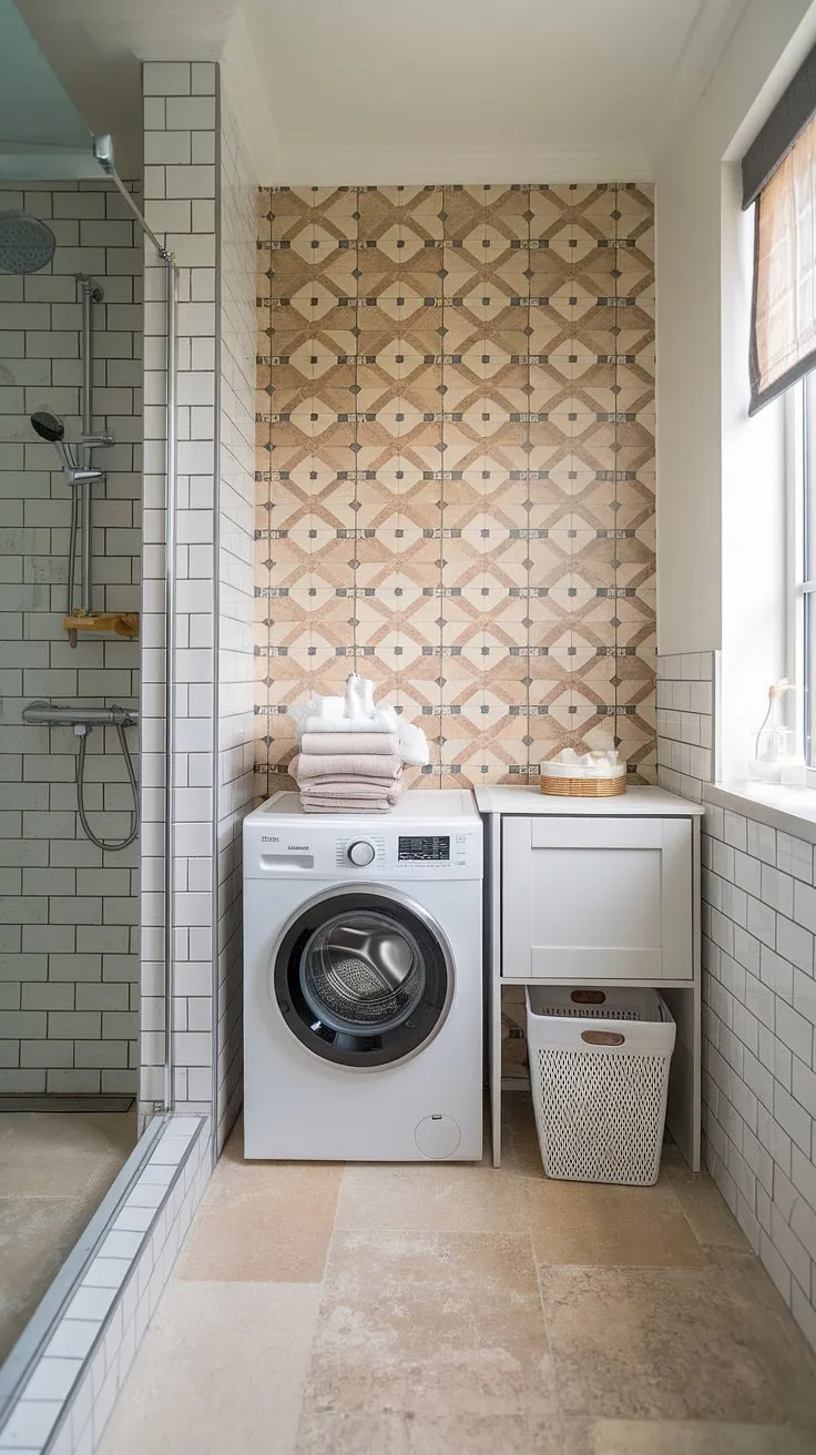 Maximize space and style with this clever bathroom nook design. The unique tilework and thoughtful bathroom layout, including shower ideas and laundry in the bathroom, offer plenty of bathroom design inspiration and bathroom design decor.