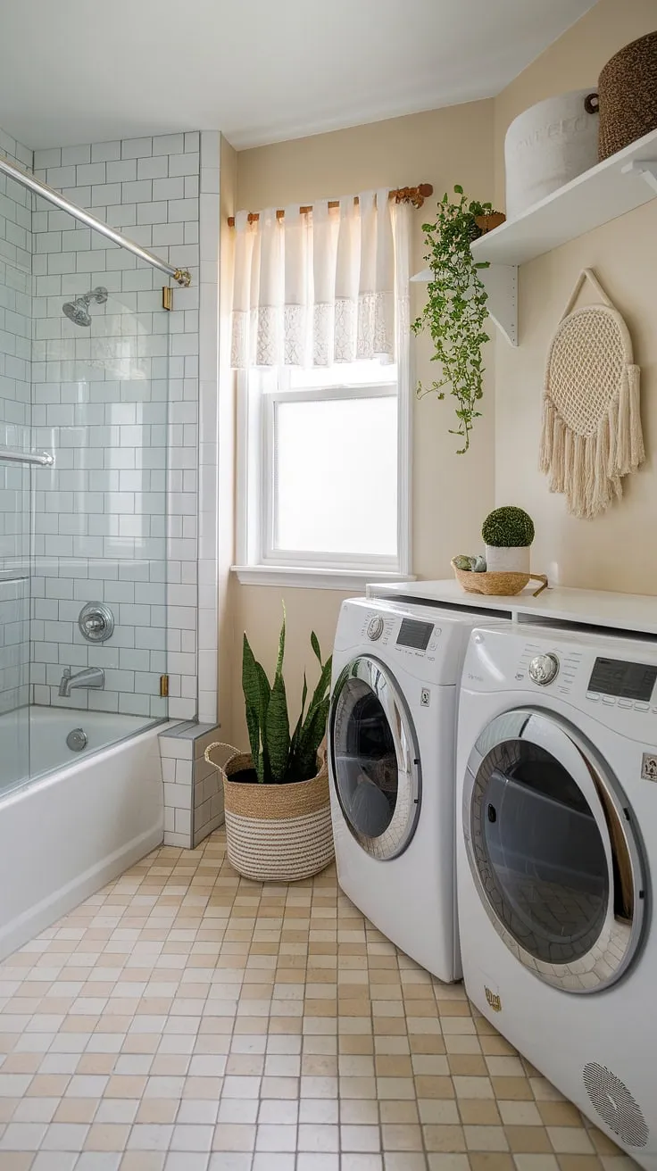 Efficient and stylish, this bathroom nook seamlessly integrates laundry with spa-like serenity. Bathroom redesign perfection, offering clever bathroom layout and shower ideas.