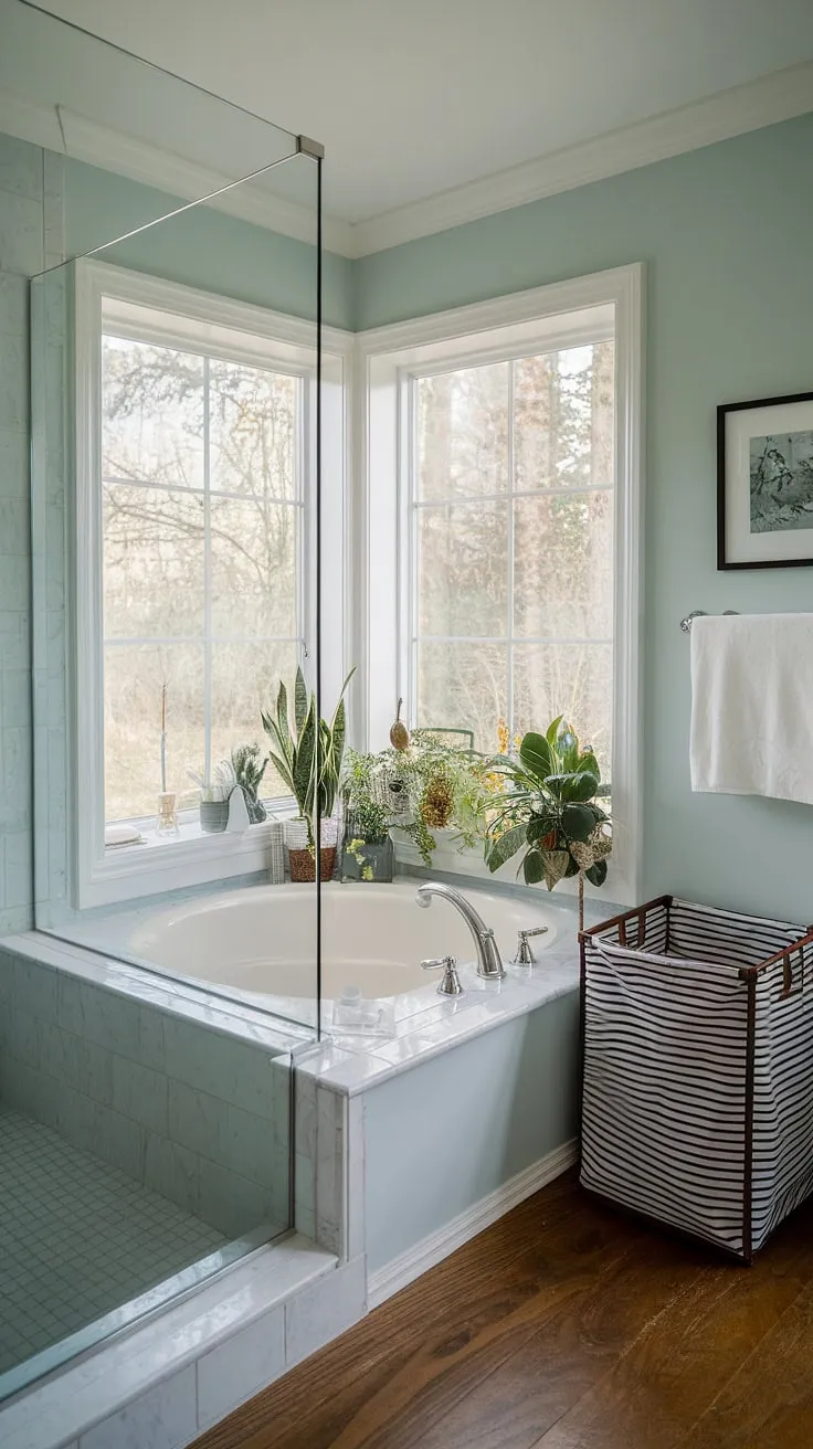 Escape to your serene bathroom nook, a perfect blend of bathroom redesign and nature's tranquility. The thoughtful bathroom layout, including clever shower ideas and a practical laundry in bathroom solution, makes this bathroom design inspiration a dream.