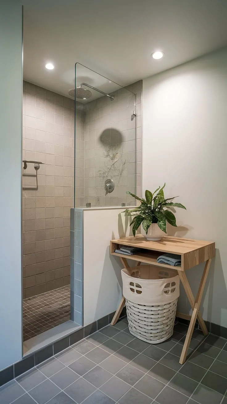 Maximize space and style with this clever bathroom nook. Smart bathroom layout featuring shower ideas, laundry in bathroom, and a touch of greenery. Perfect bathroom redesign and bathroom design inspiration.